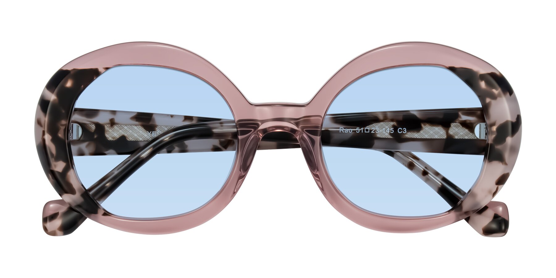 Folded Front of Rao in Pink/Ivory Tortoise with Light Blue Tinted Lenses