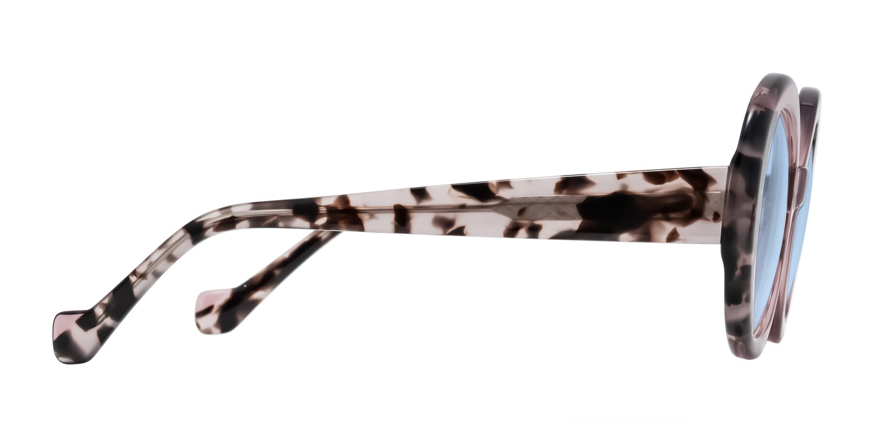 Side of Rao in Pink/Ivory Tortoise with Light Blue Tinted Lenses