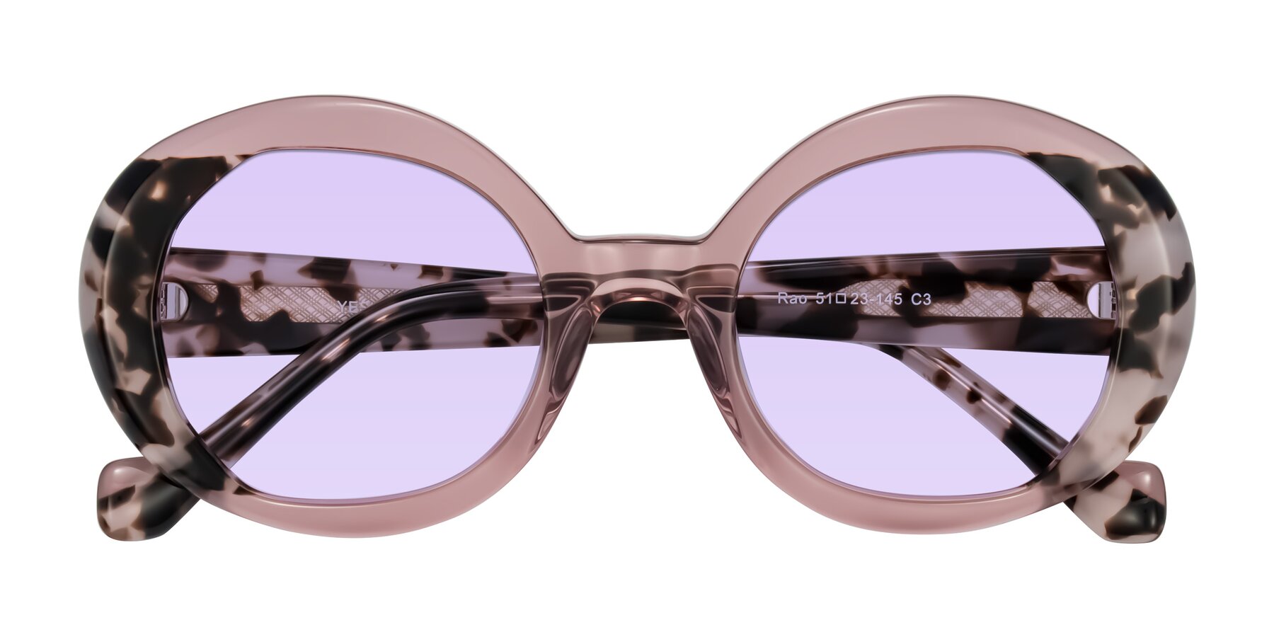 Folded Front of Rao in Pink/Ivory Tortoise with Light Purple Tinted Lenses
