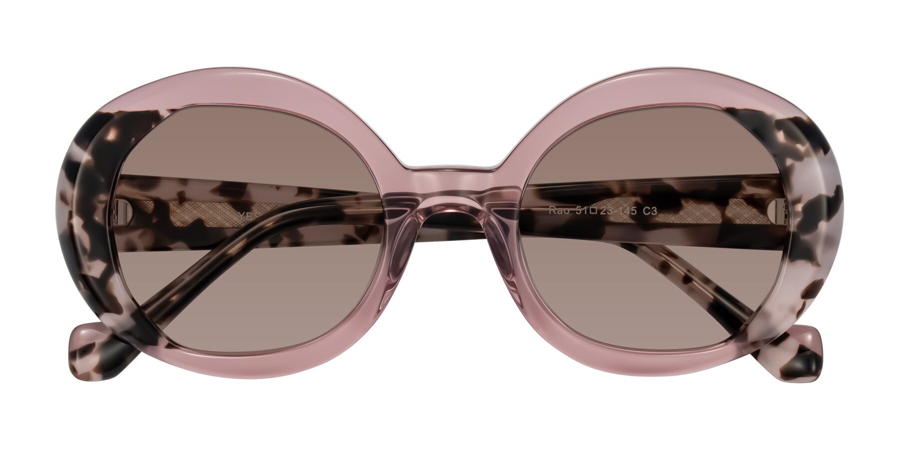 Folded Front of Rao in Pink/Ivory Tortoise with Medium Brown Tinted Lenses