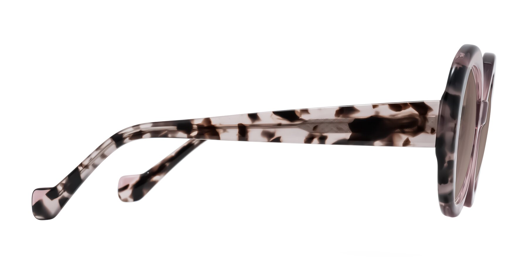 Side of Rao in Pink/Ivory Tortoise with Medium Brown Tinted Lenses