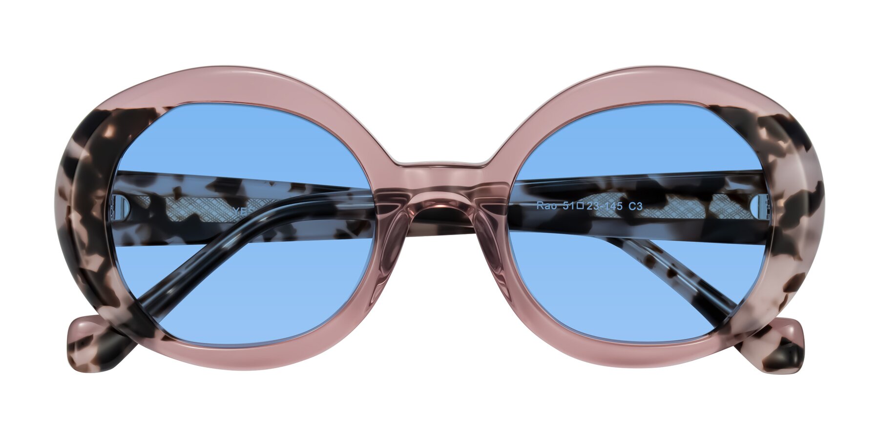 Folded Front of Rao in Pink/Ivory Tortoise with Medium Blue Tinted Lenses