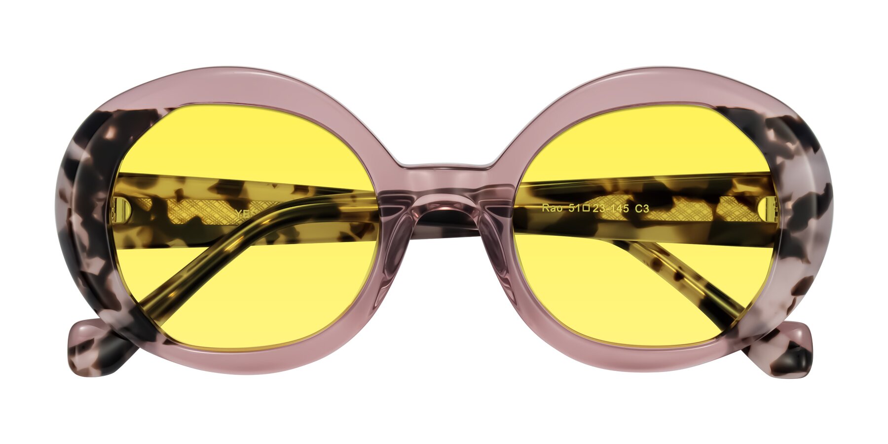 Folded Front of Rao in Pink/Ivory Tortoise with Medium Yellow Tinted Lenses