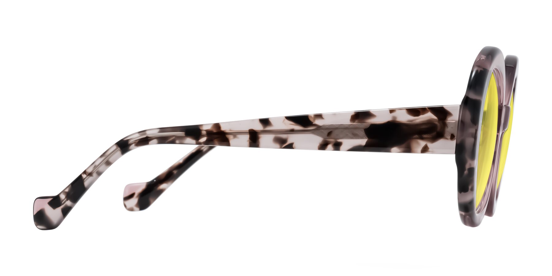 Side of Rao in Pink/Ivory Tortoise with Medium Yellow Tinted Lenses