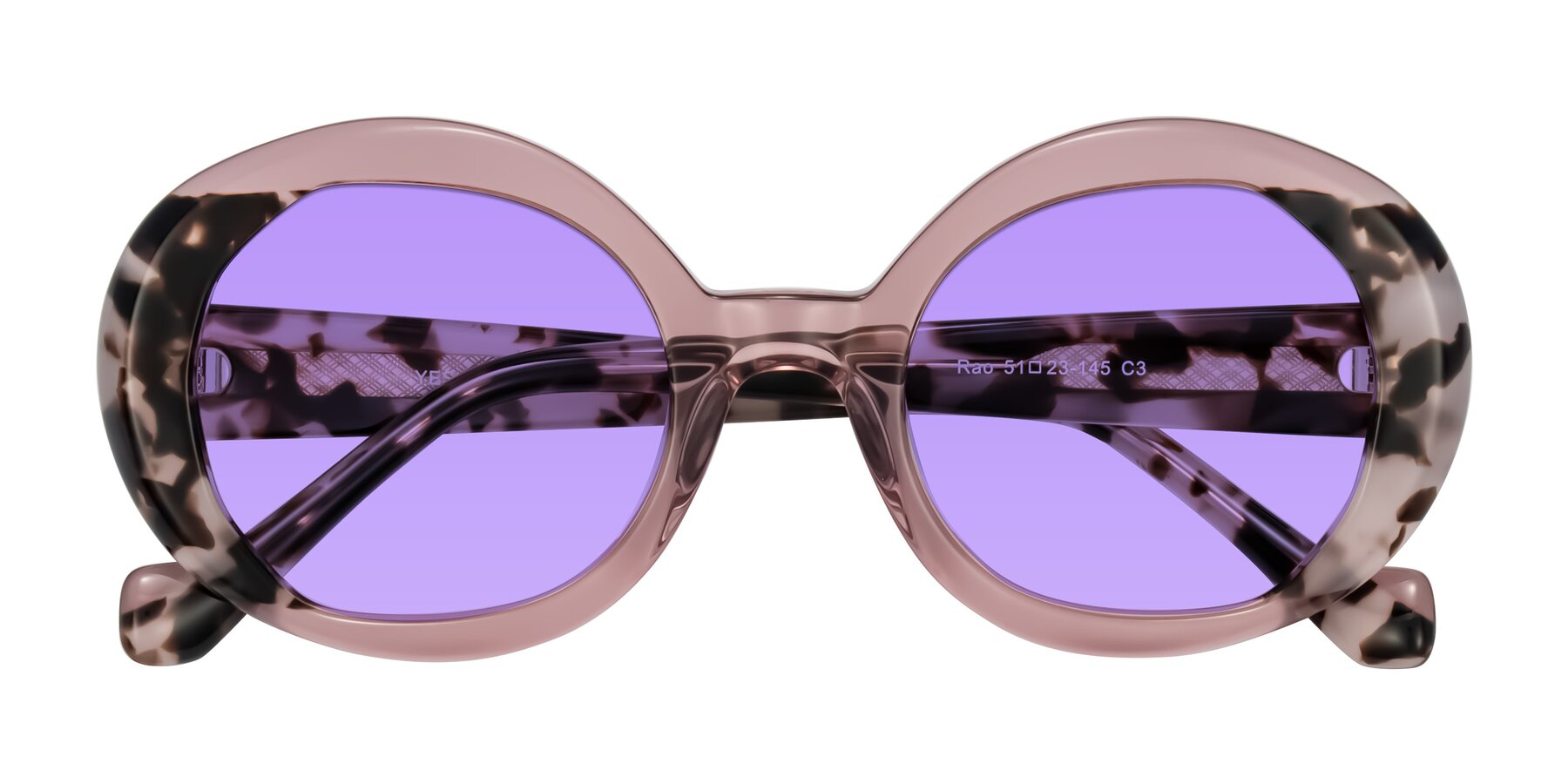 Folded Front of Rao in Pink/Ivory Tortoise with Medium Purple Tinted Lenses