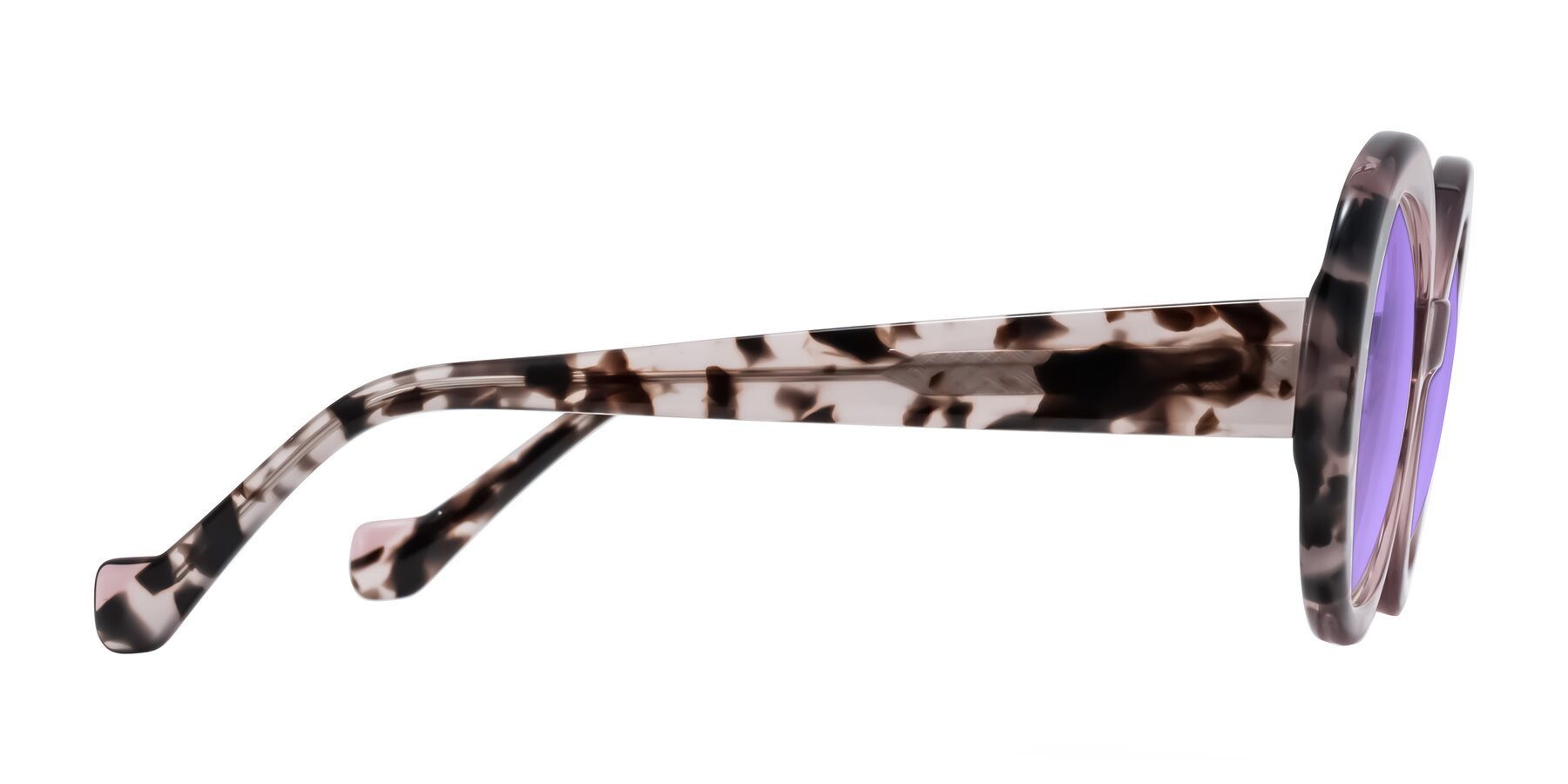 Side of Rao in Pink/Ivory Tortoise with Medium Purple Tinted Lenses