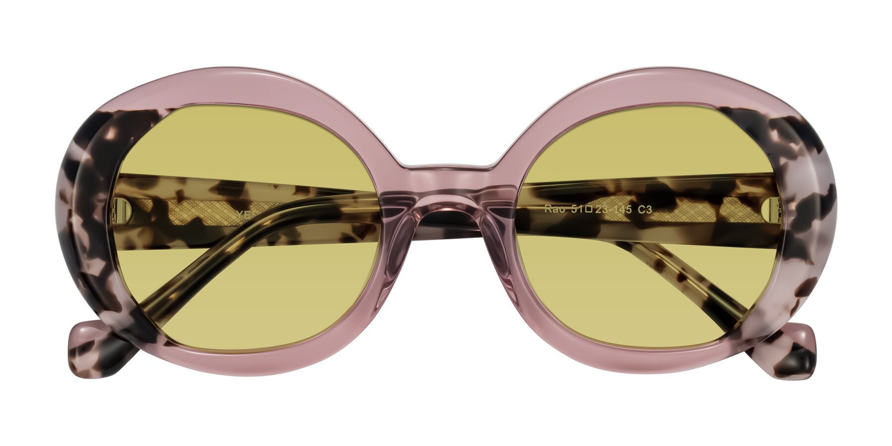 Folded Front of Rao in Pink/Ivory Tortoise with Medium Champagne Tinted Lenses