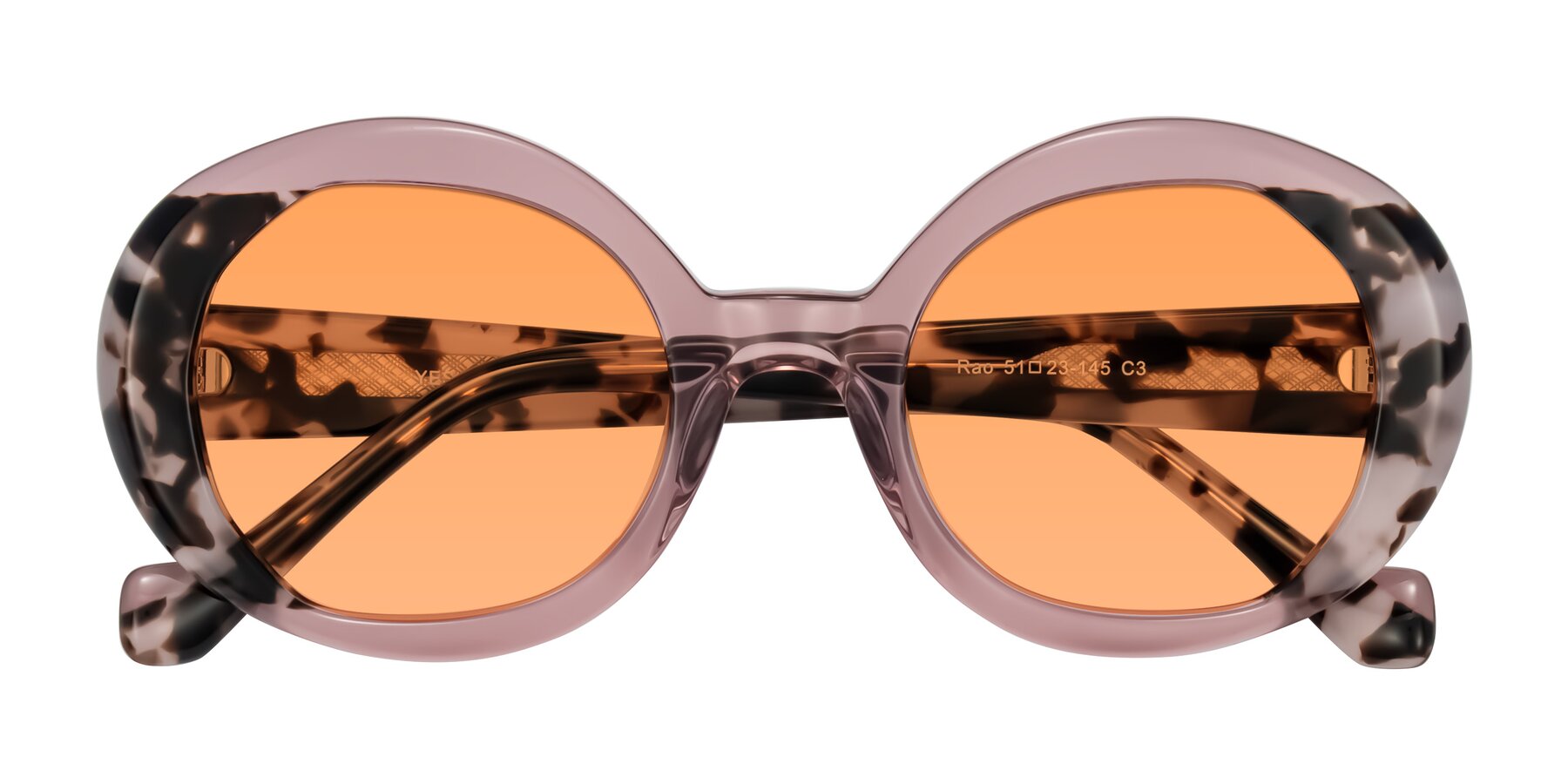 Folded Front of Rao in Pink/Ivory Tortoise with Medium Orange Tinted Lenses