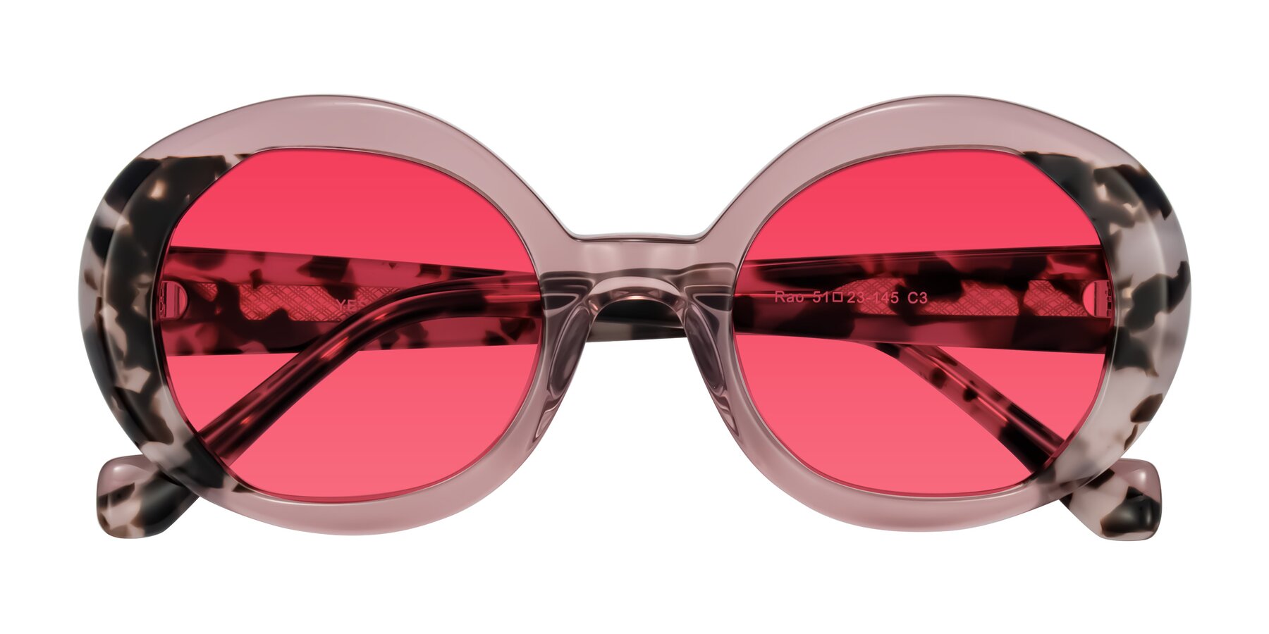 Folded Front of Rao in Pink/Ivory Tortoise with Red Tinted Lenses