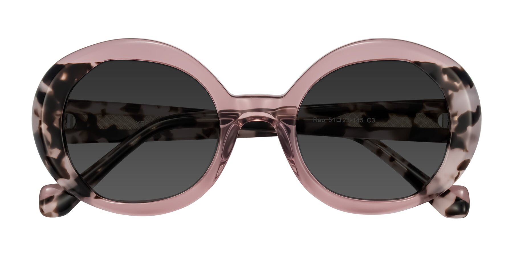Folded Front of Rao in Pink/Ivory Tortoise with Gray Tinted Lenses