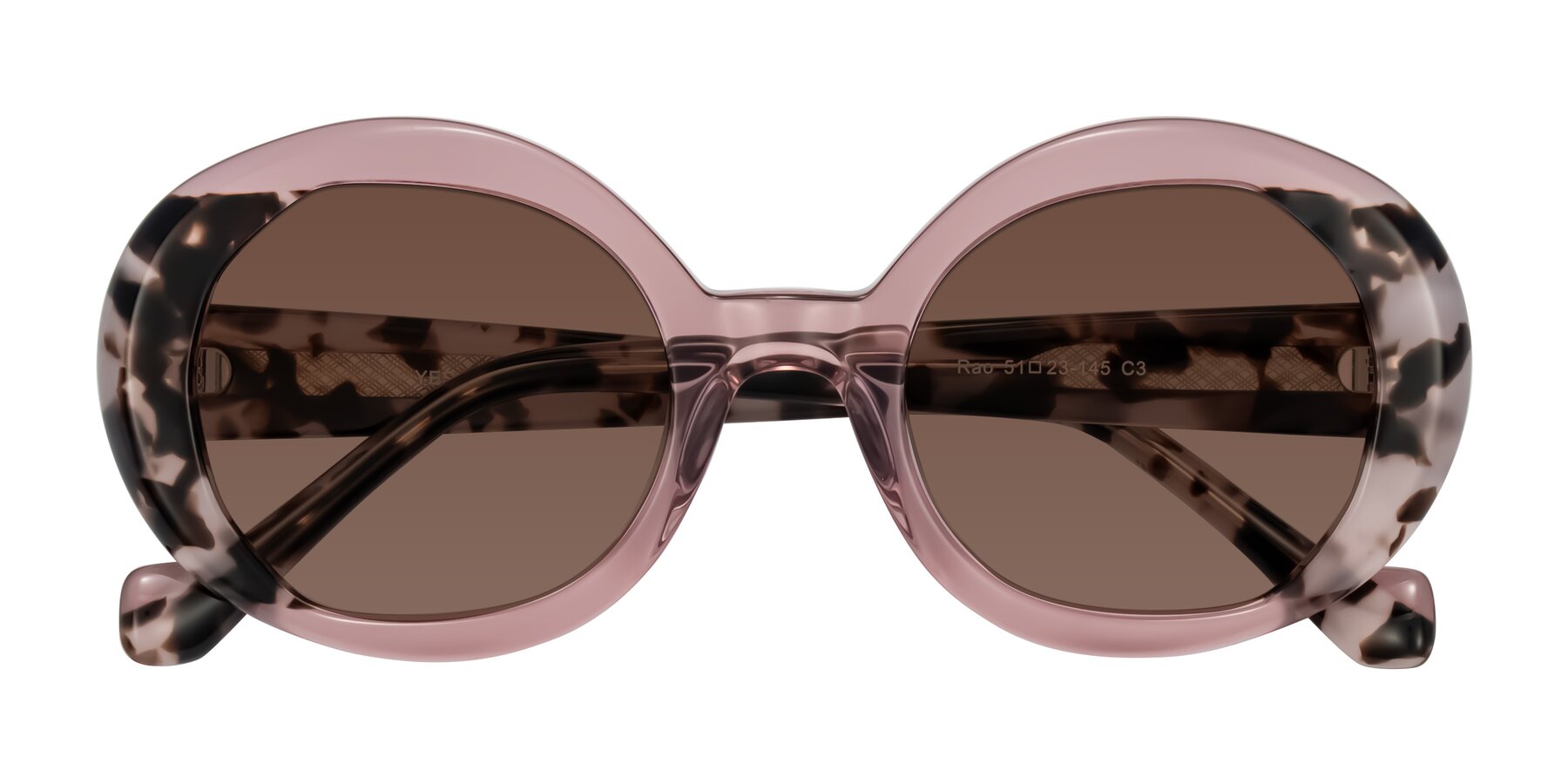 Folded Front of Rao in Pink/Ivory Tortoise with Brown Tinted Lenses