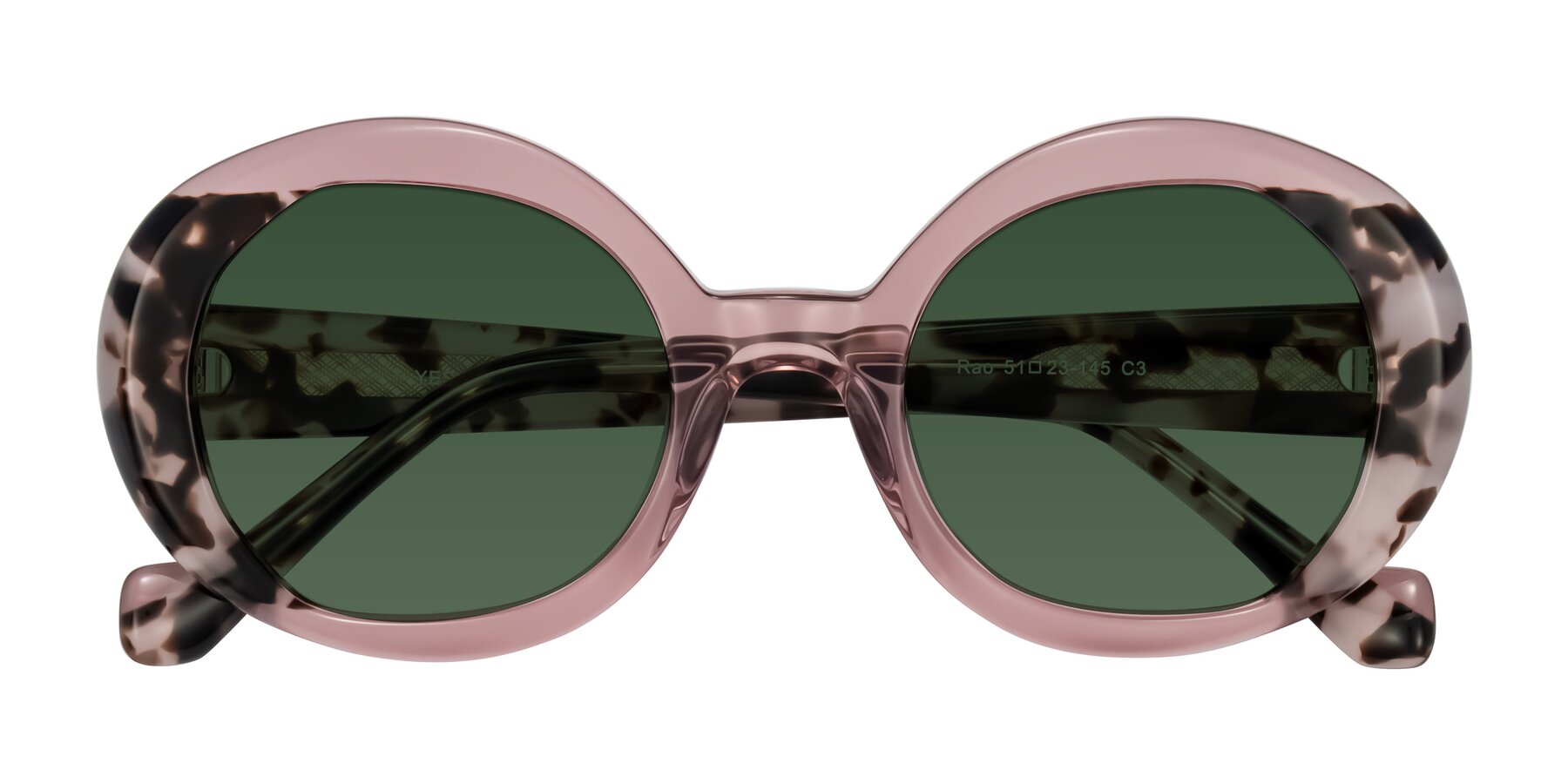 Folded Front of Rao in Pink/Ivory Tortoise with Green Tinted Lenses