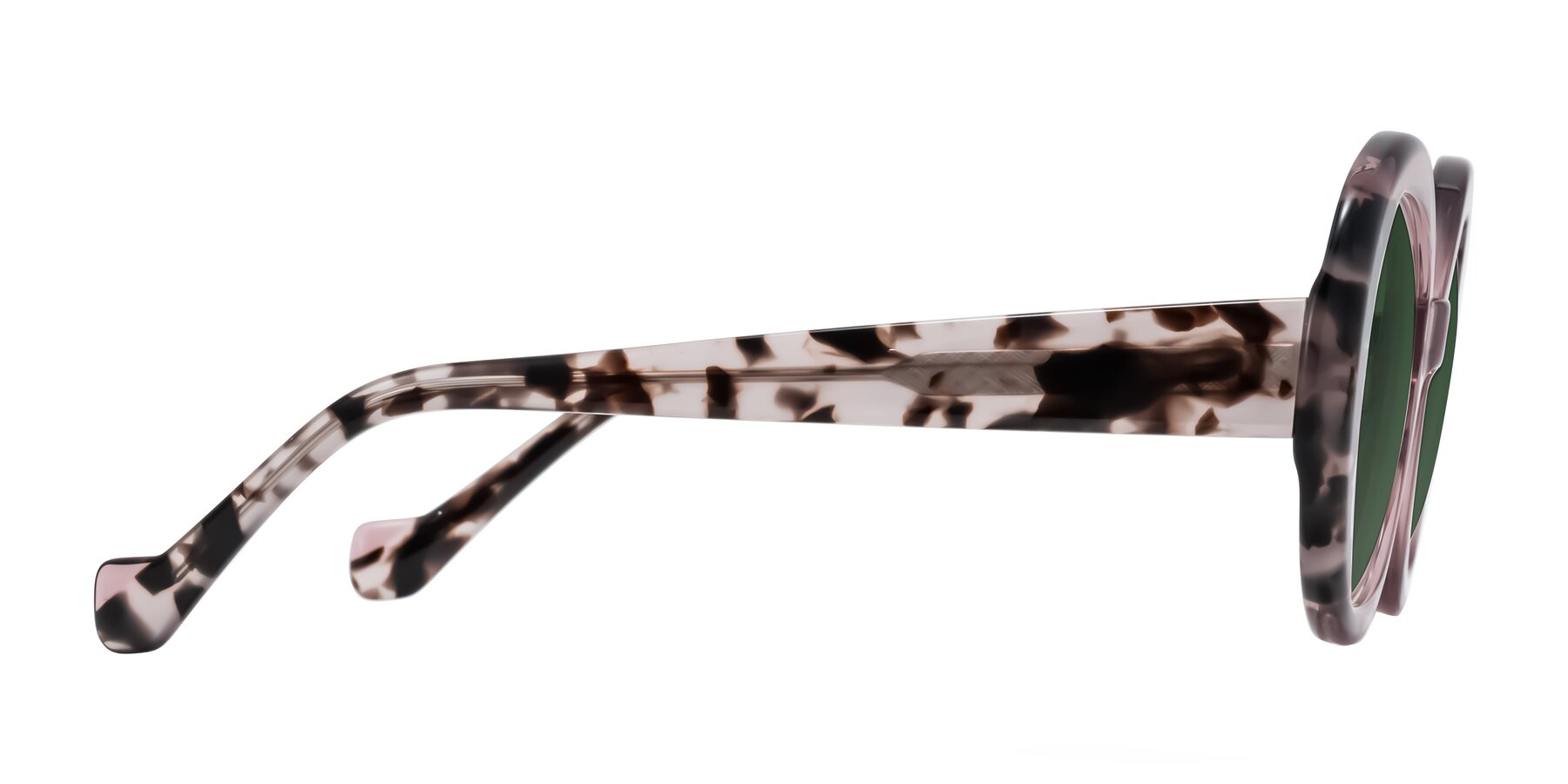Side of Rao in Pink/Ivory Tortoise with Green Tinted Lenses