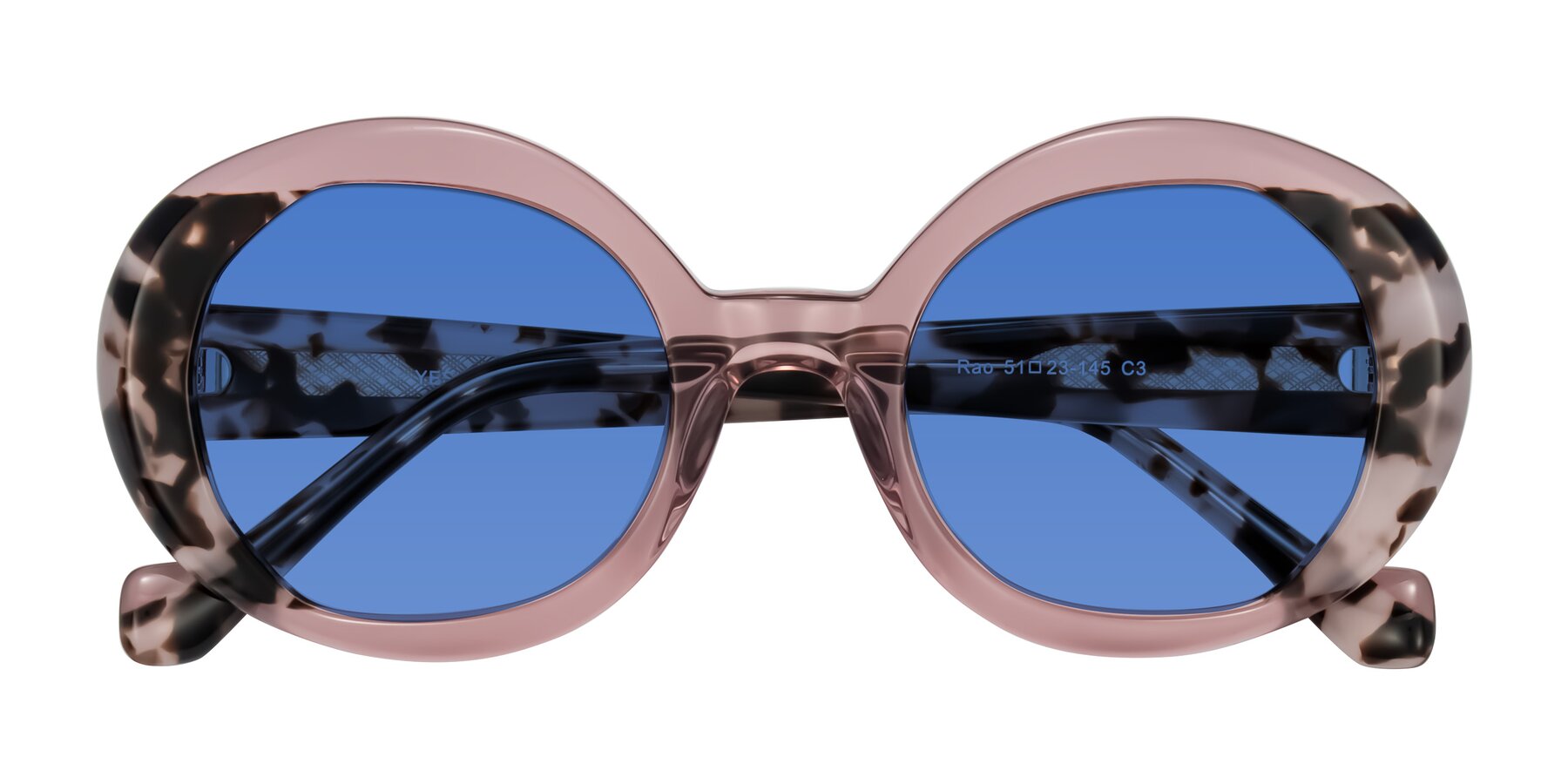 Folded Front of Rao in Pink/Ivory Tortoise with Blue Tinted Lenses