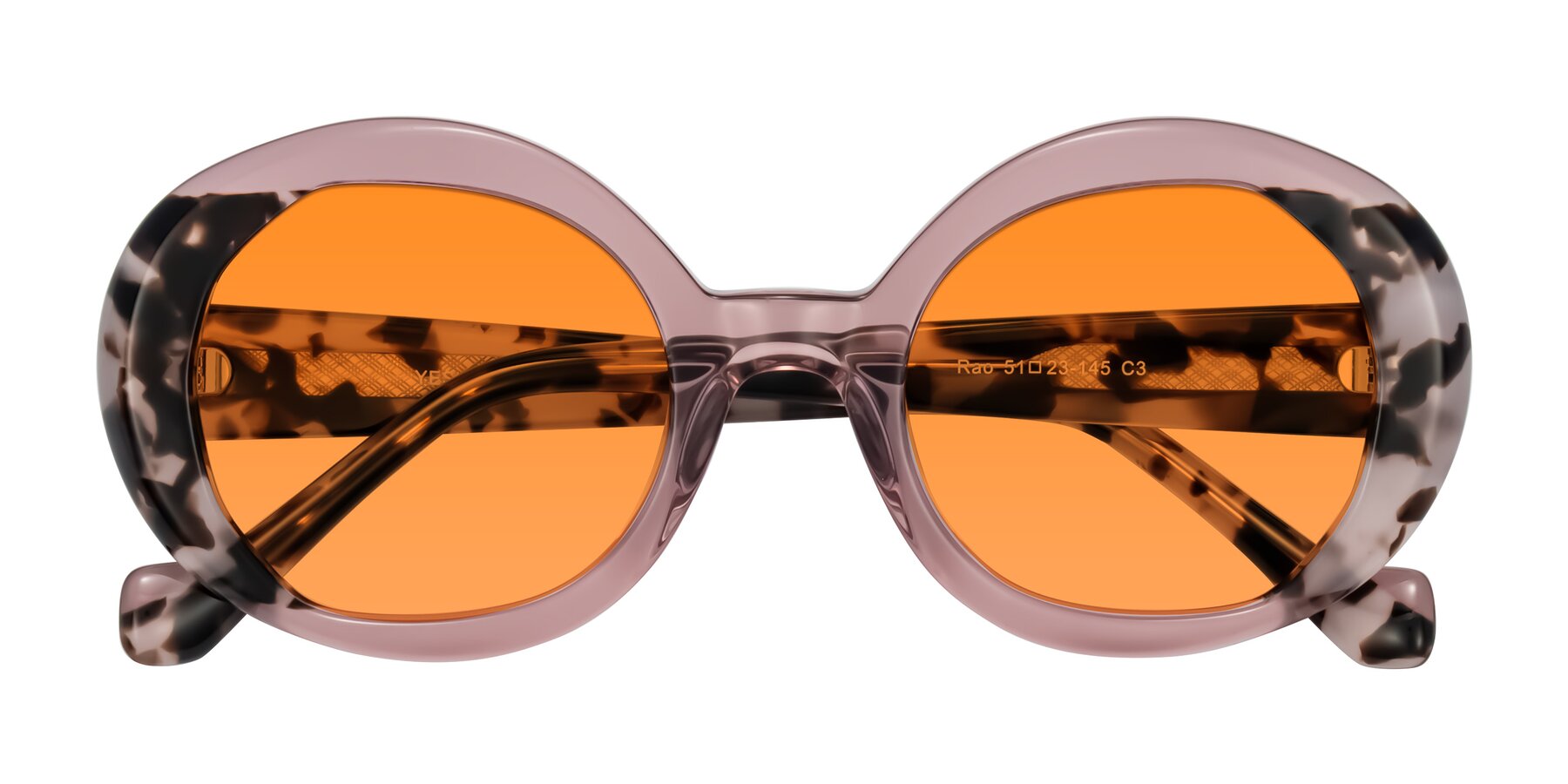 Folded Front of Rao in Pink/Ivory Tortoise with Orange Tinted Lenses