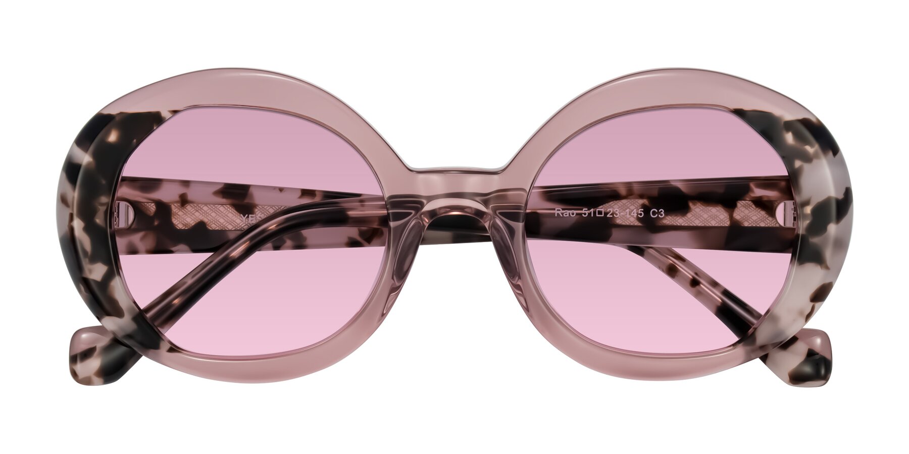 Folded Front of Rao in Pink/Ivory Tortoise with Light Wine Tinted Lenses