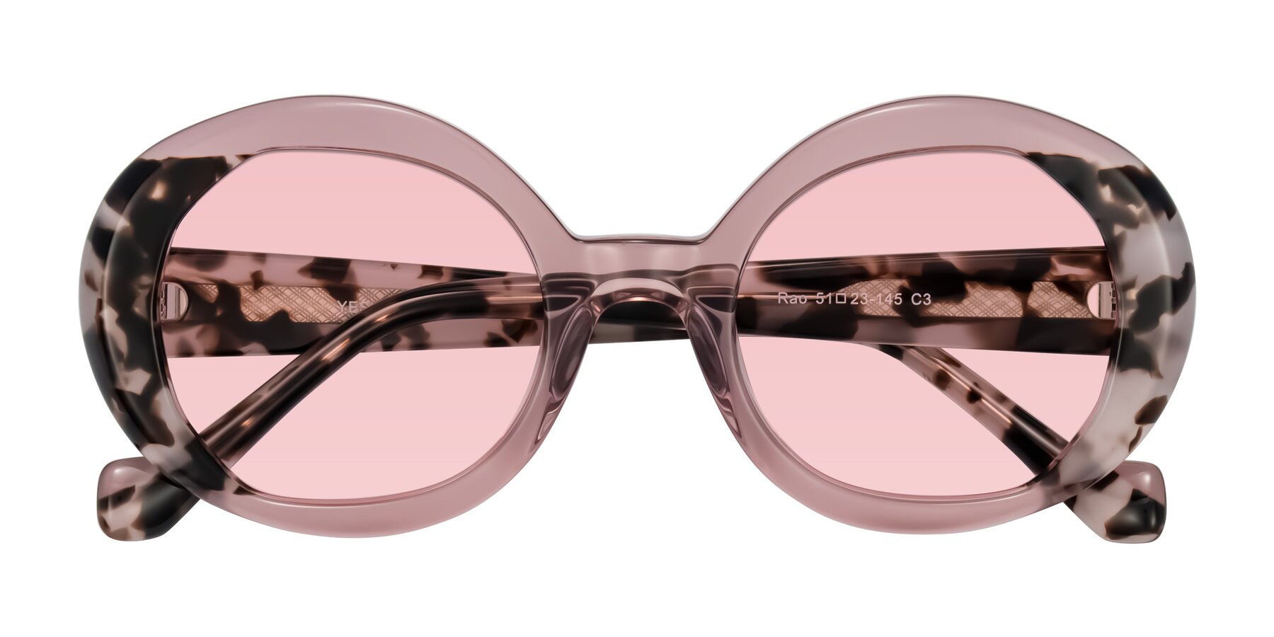 Folded Front of Rao in Pink/Ivory Tortoise with Light Garnet Tinted Lenses