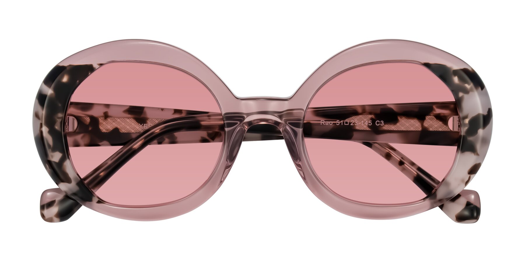 Folded Front of Rao in Pink/Ivory Tortoise with Medium Garnet Tinted Lenses