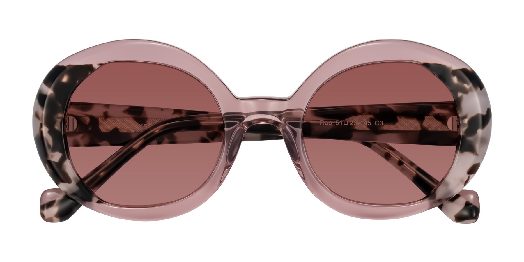 Folded Front of Rao in Pink/Ivory Tortoise with Garnet Tinted Lenses
