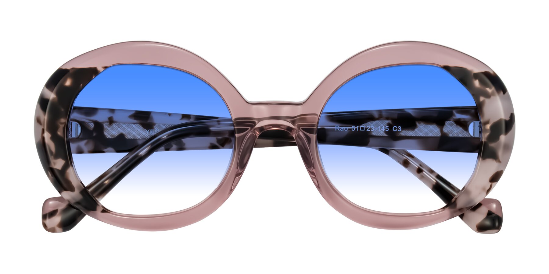 Folded Front of Rao in Pink/Ivory Tortoise with Blue Gradient Lenses