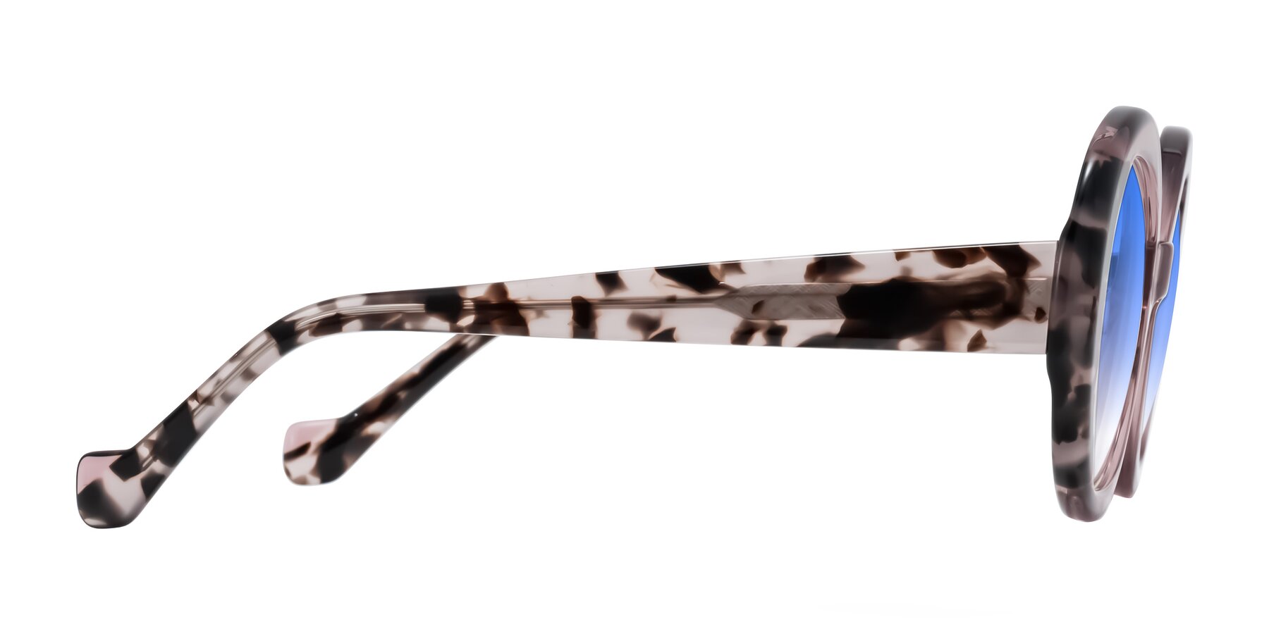Side of Rao in Pink/Ivory Tortoise with Blue Gradient Lenses