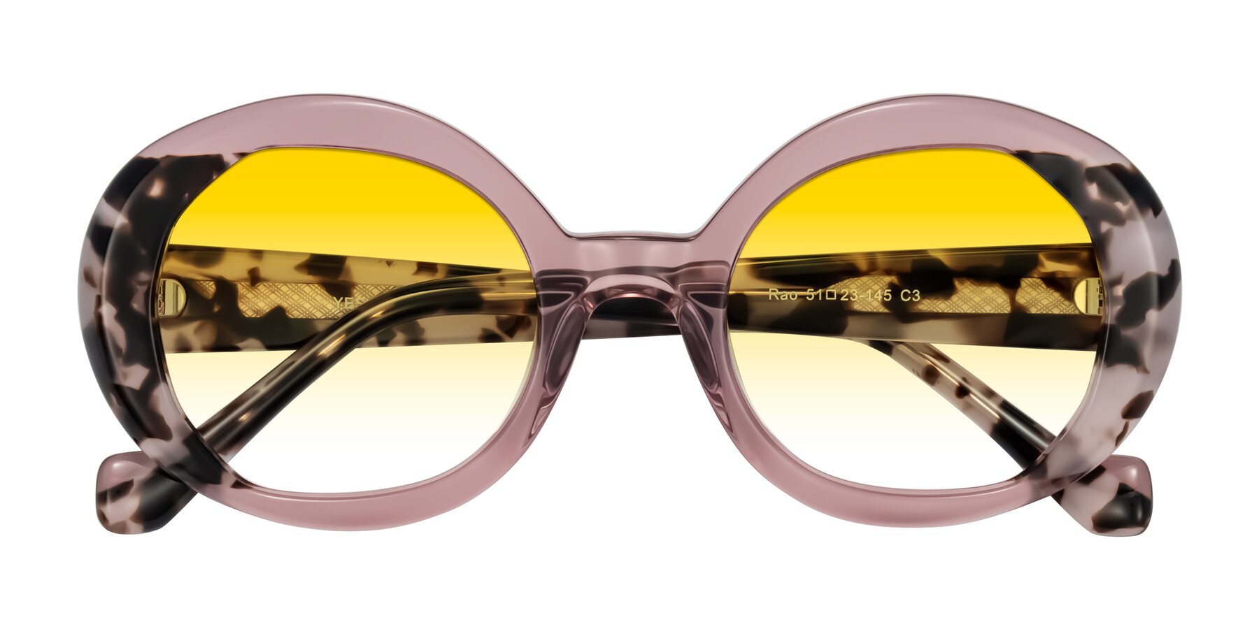 Folded Front of Rao in Pink/Ivory Tortoise with Yellow Gradient Lenses