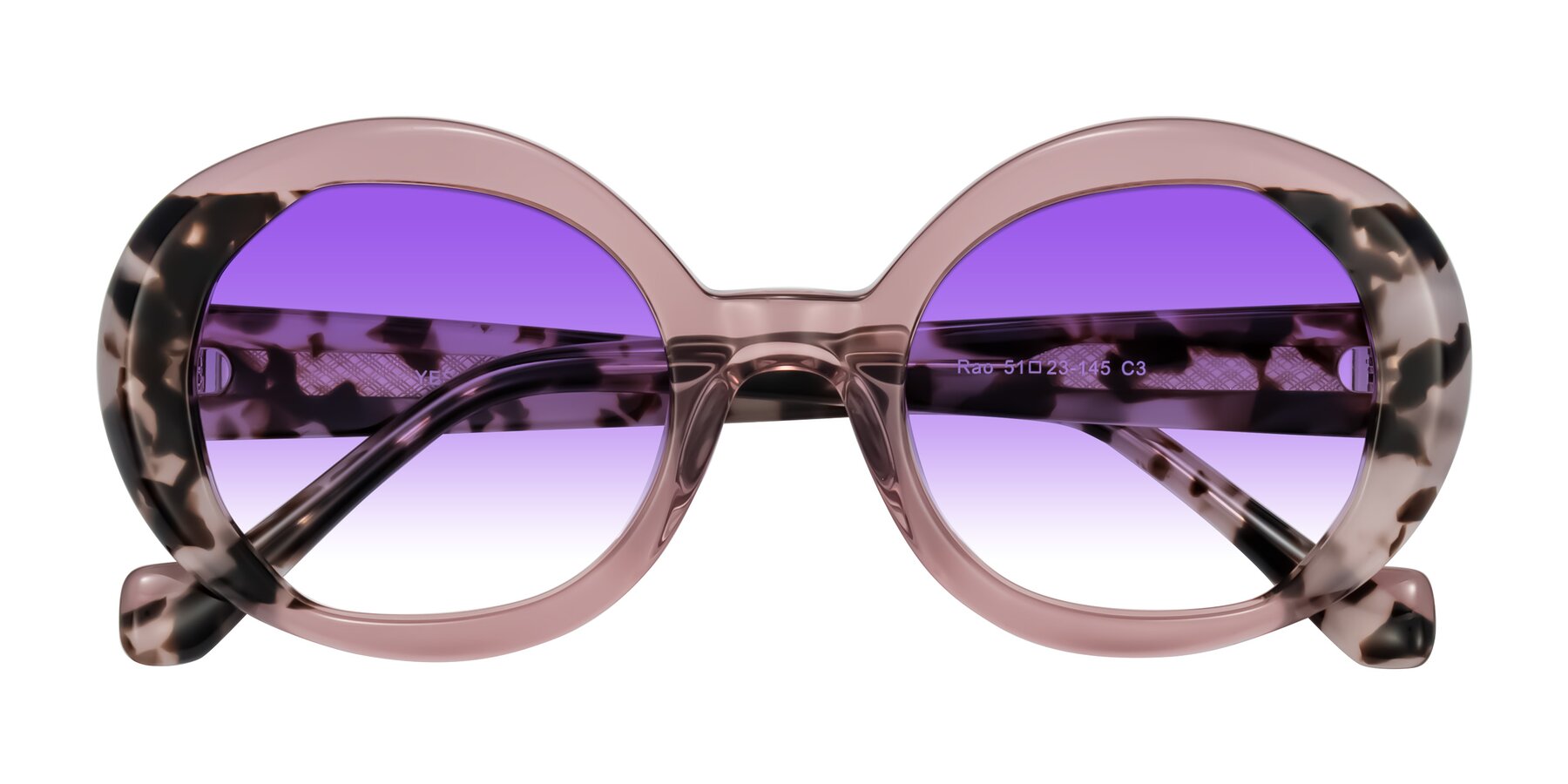 Folded Front of Rao in Pink/Ivory Tortoise with Purple Gradient Lenses