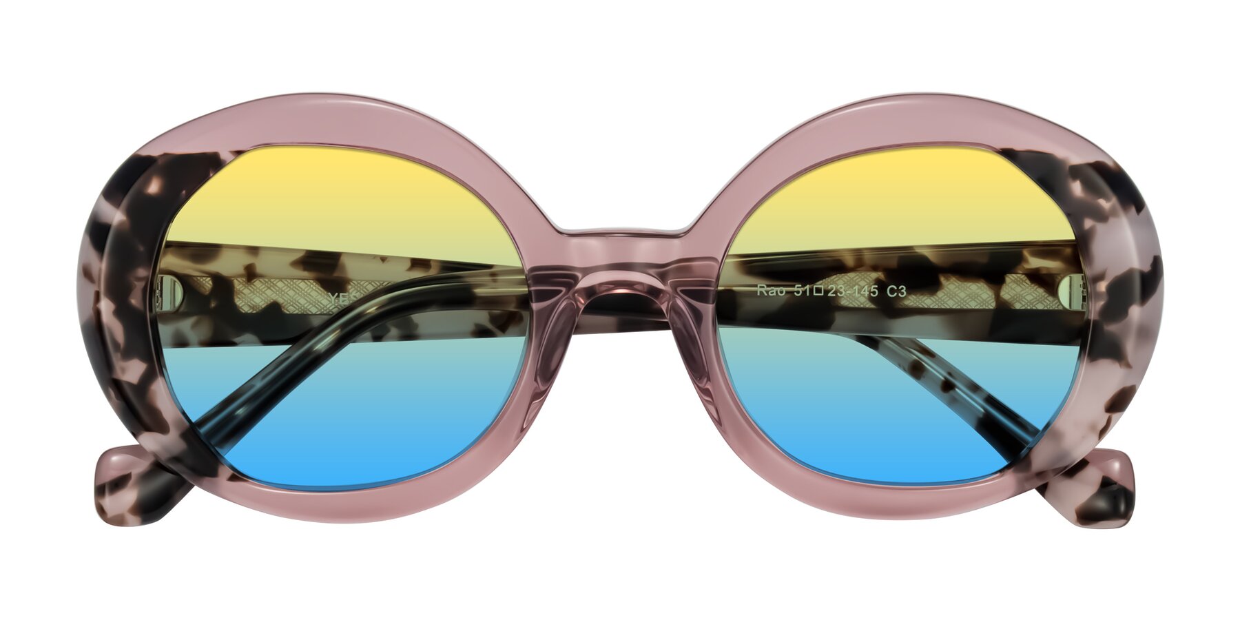 Folded Front of Rao in Pink/Ivory Tortoise with Yellow / Blue Gradient Lenses