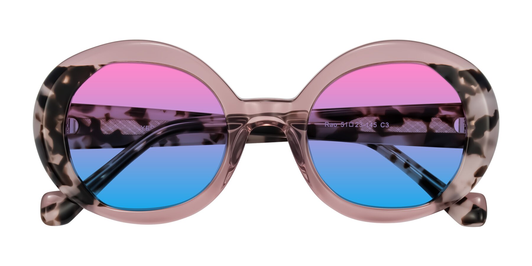 Folded Front of Rao in Pink/Ivory Tortoise with Pink / Blue Gradient Lenses