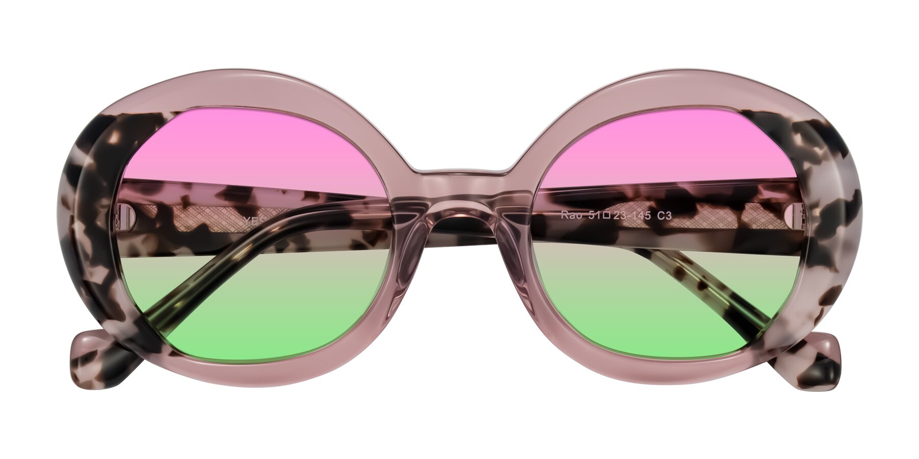 Folded Front of Rao in Pink/Ivory Tortoise with Pink / Green Gradient Lenses