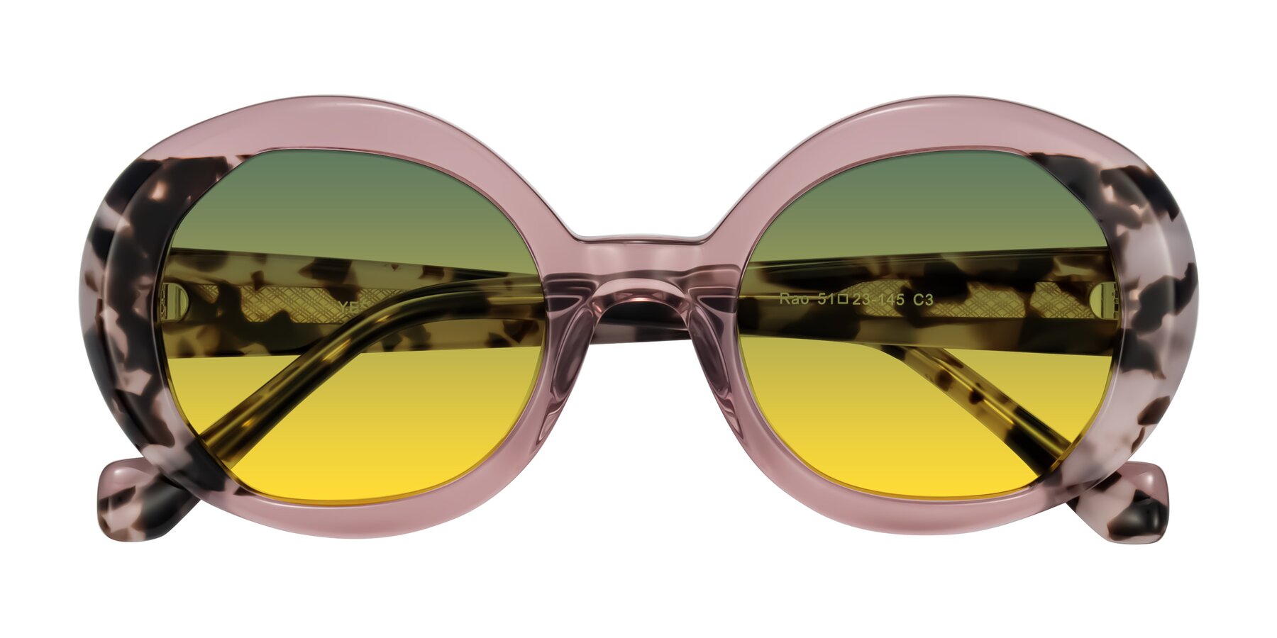 Folded Front of Rao in Pink/Ivory Tortoise with Green / Yellow Gradient Lenses