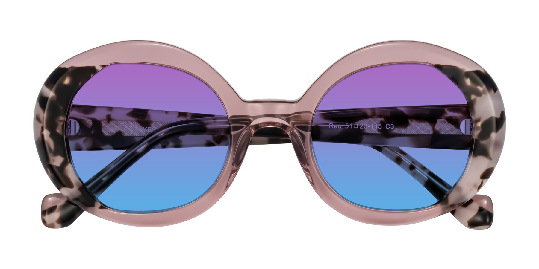 Folded Front of Rao in Pink/Ivory Tortoise with Purple / Blue Gradient Lenses