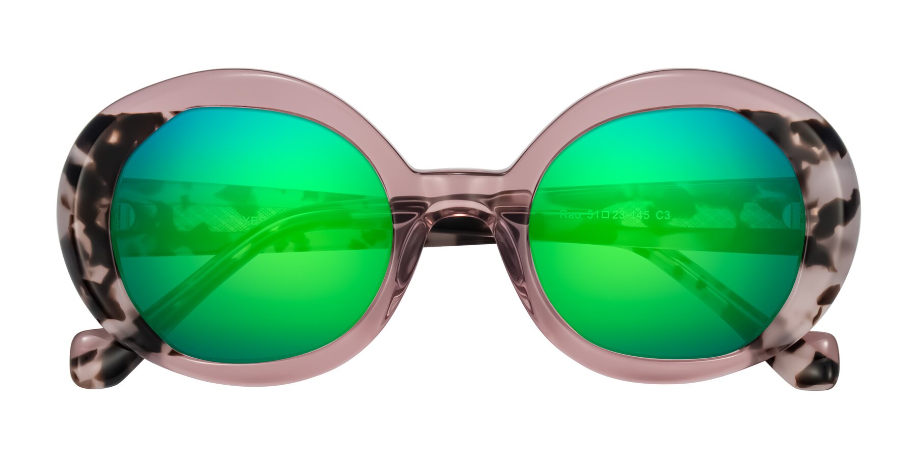 Folded Front of Rao in Pink/Ivory Tortoise with Green Mirrored Lenses