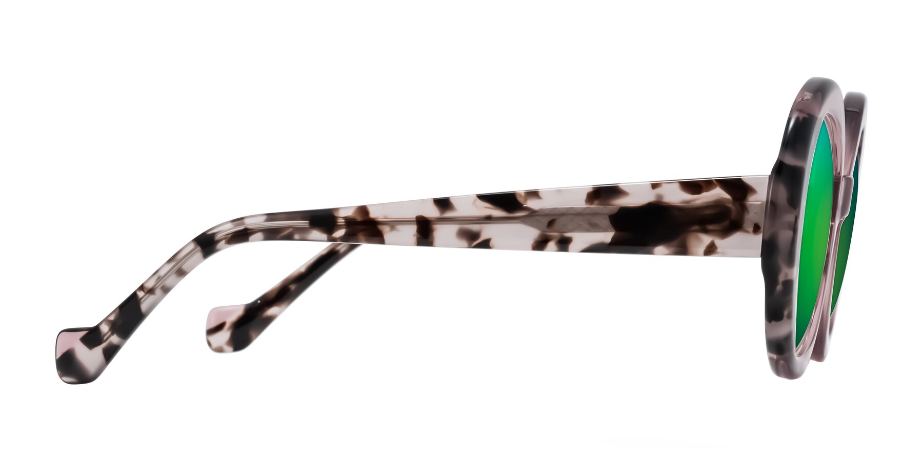 Side of Rao in Pink/Ivory Tortoise with Green Mirrored Lenses