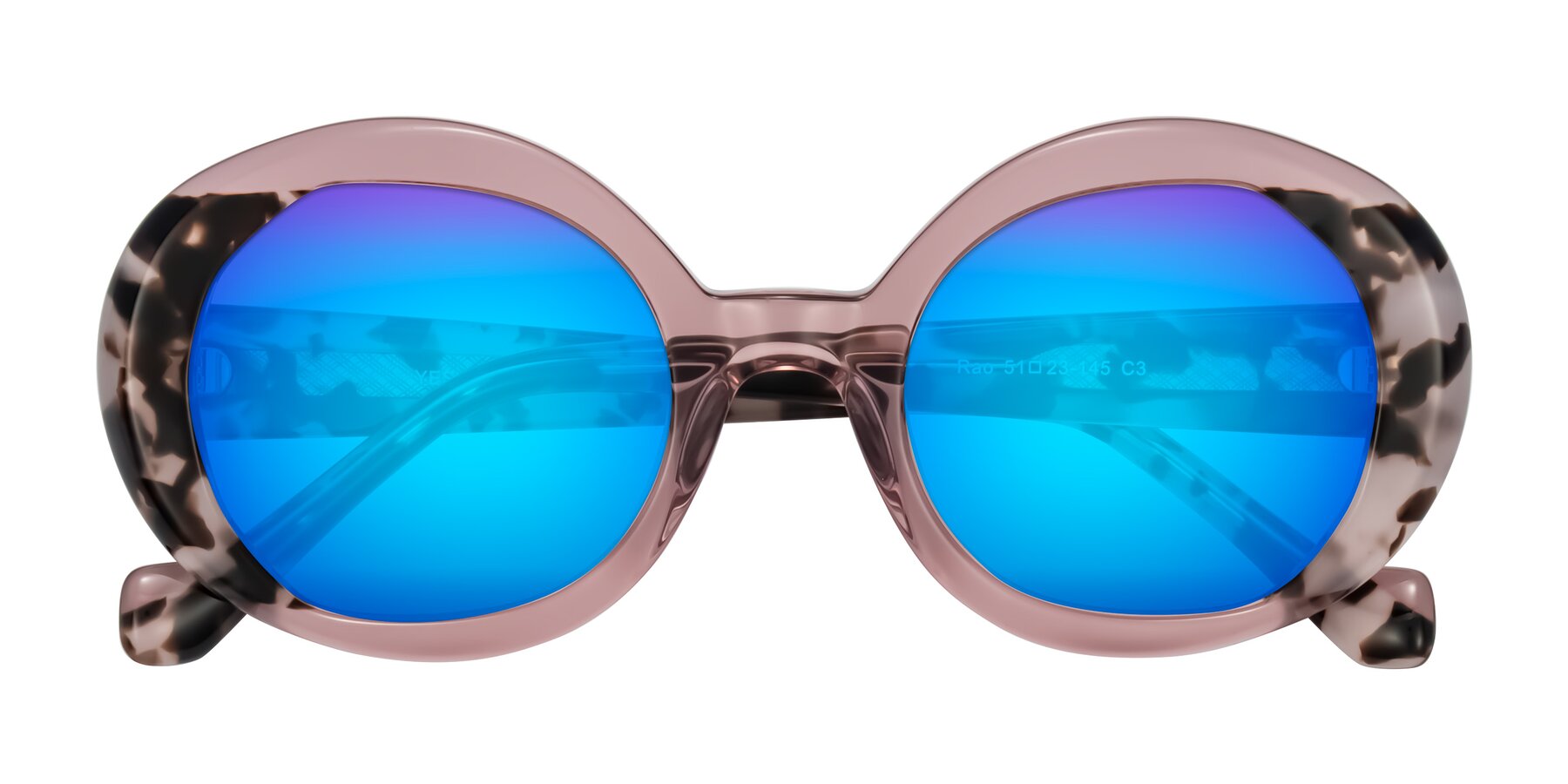 Folded Front of Rao in Pink/Ivory Tortoise with Blue Mirrored Lenses