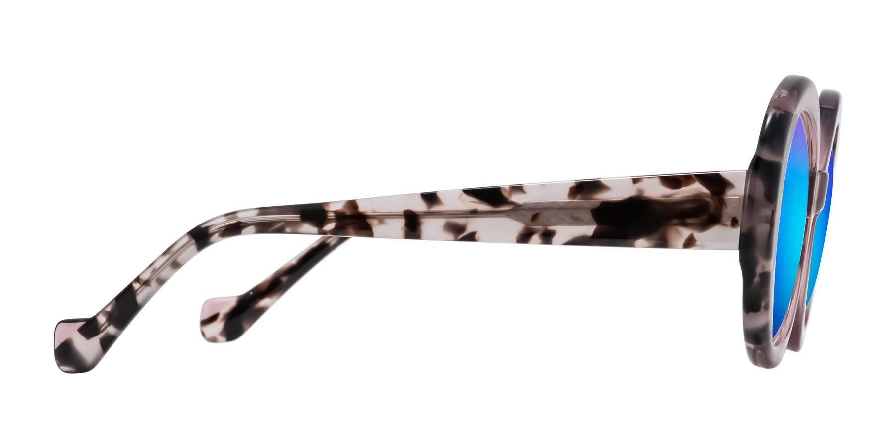 Side of Rao in Pink/Ivory Tortoise with Blue Mirrored Lenses
