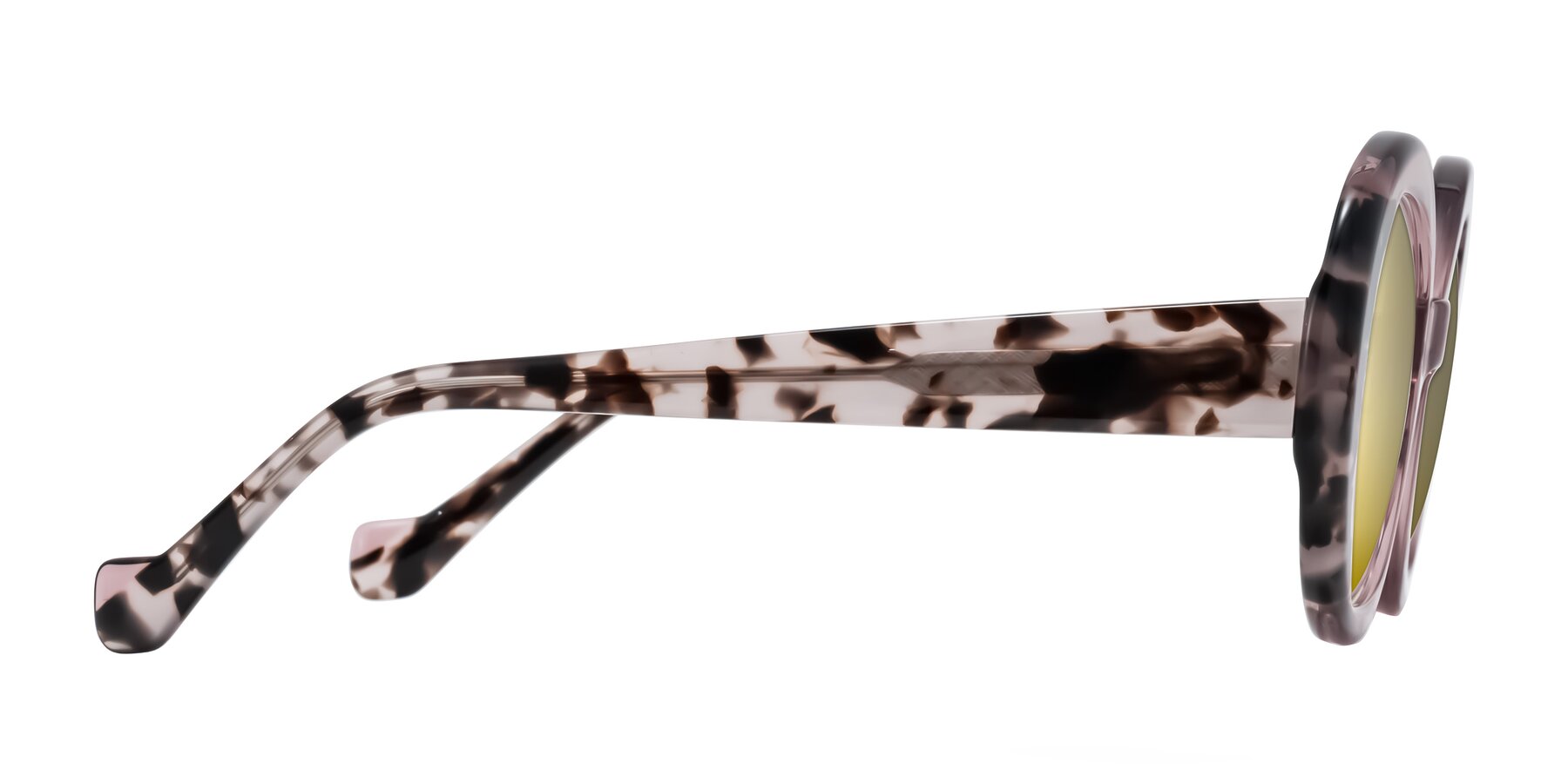 Side of Rao in Pink/Ivory Tortoise with Gold Mirrored Lenses