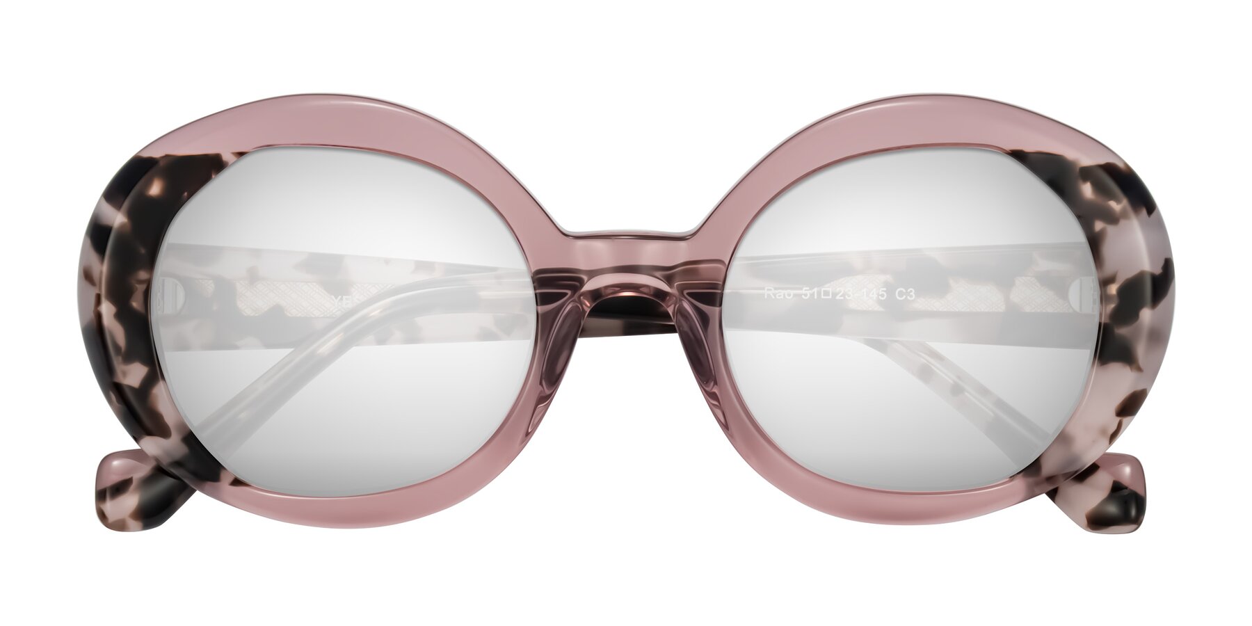 Folded Front of Rao in Pink/Ivory Tortoise with Silver Mirrored Lenses