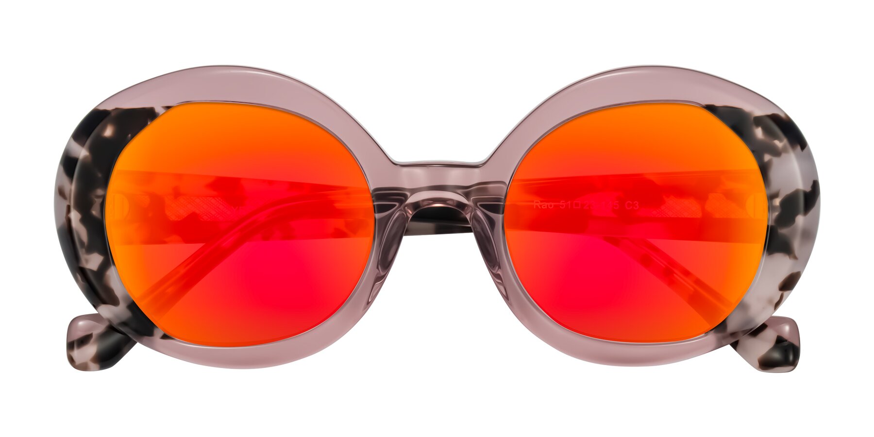 Folded Front of Rao in Pink/Ivory Tortoise with Red Gold Mirrored Lenses