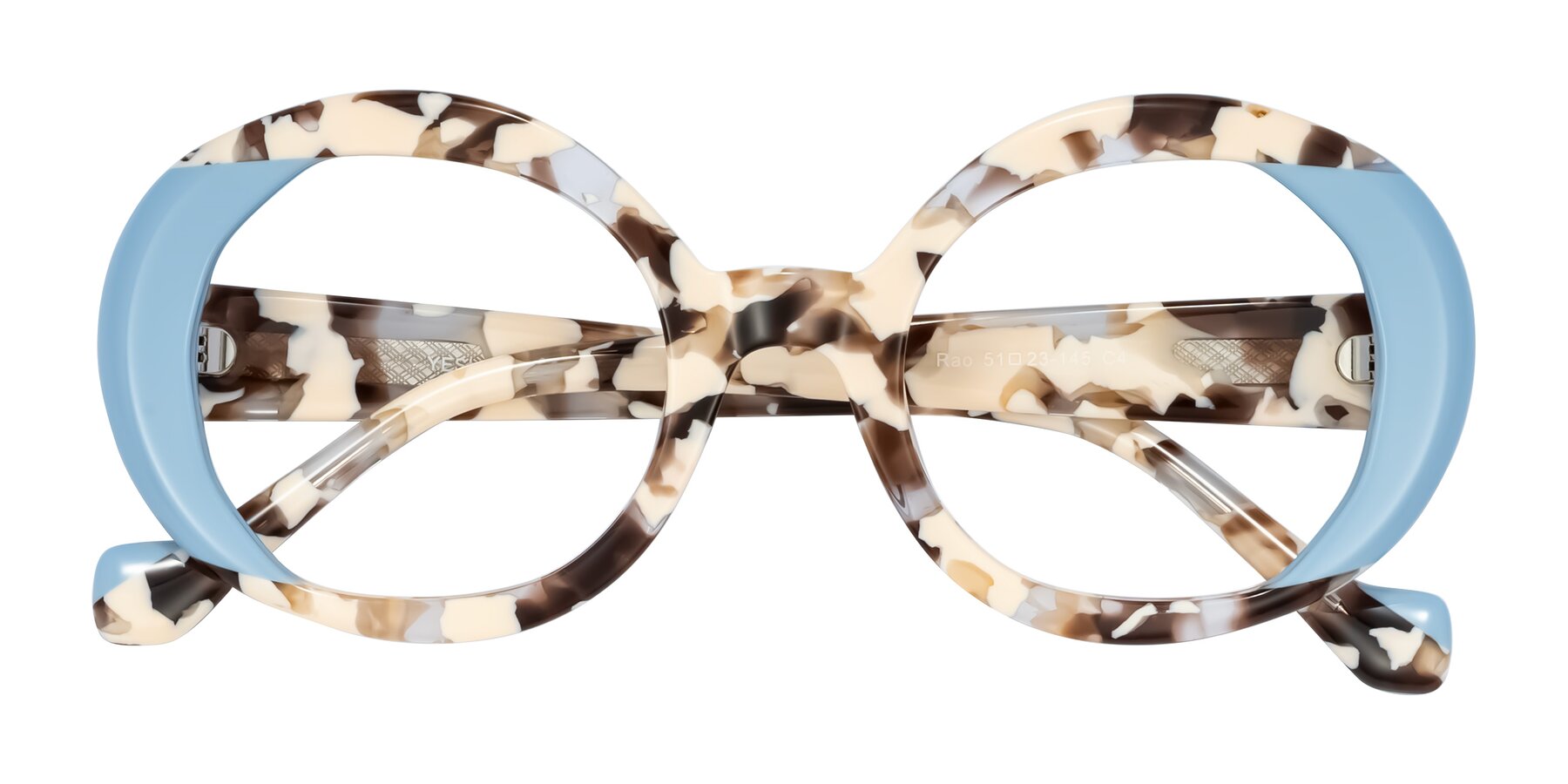 Folded Front of Rao in Beige Tortoise/Blue with Clear Eyeglass Lenses