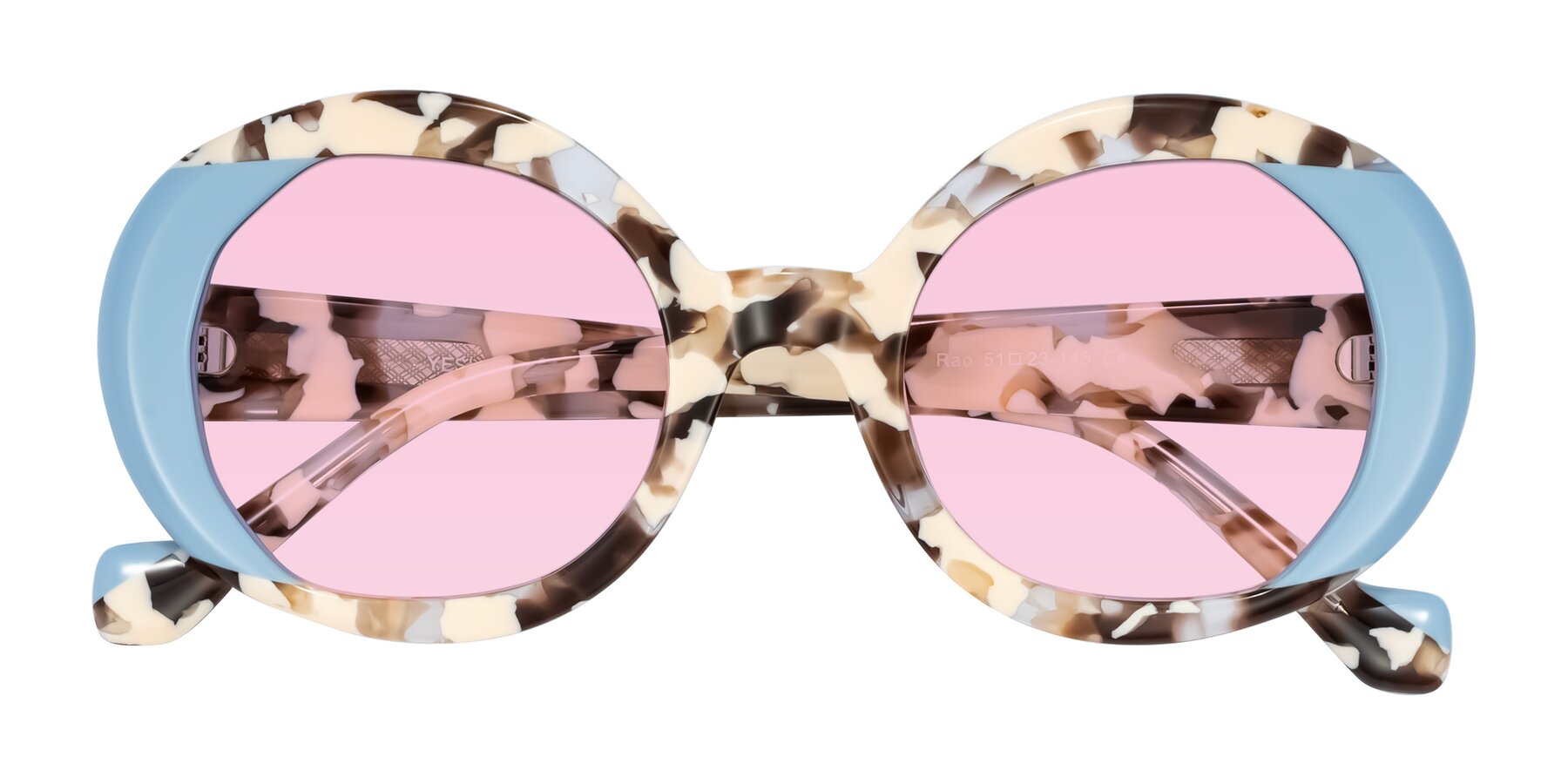 Folded Front of Rao in Beige Tortoise/Blue with Light Pink Tinted Lenses