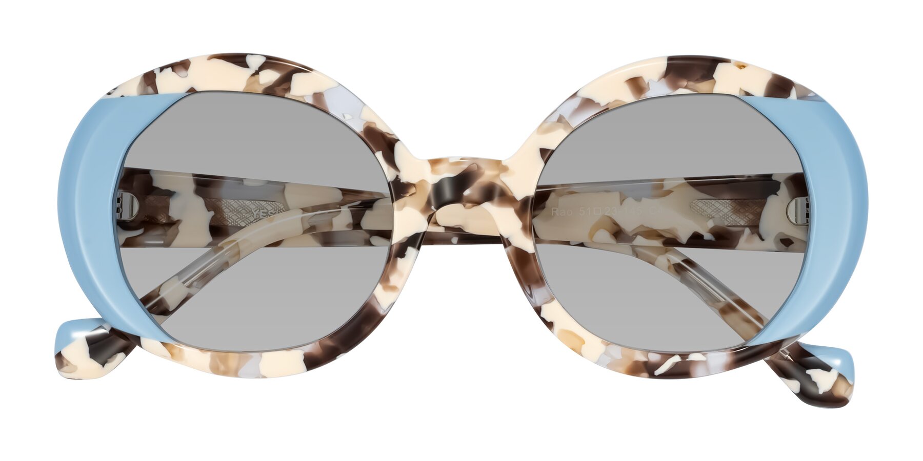Folded Front of Rao in Beige Tortoise/Blue with Light Gray Tinted Lenses