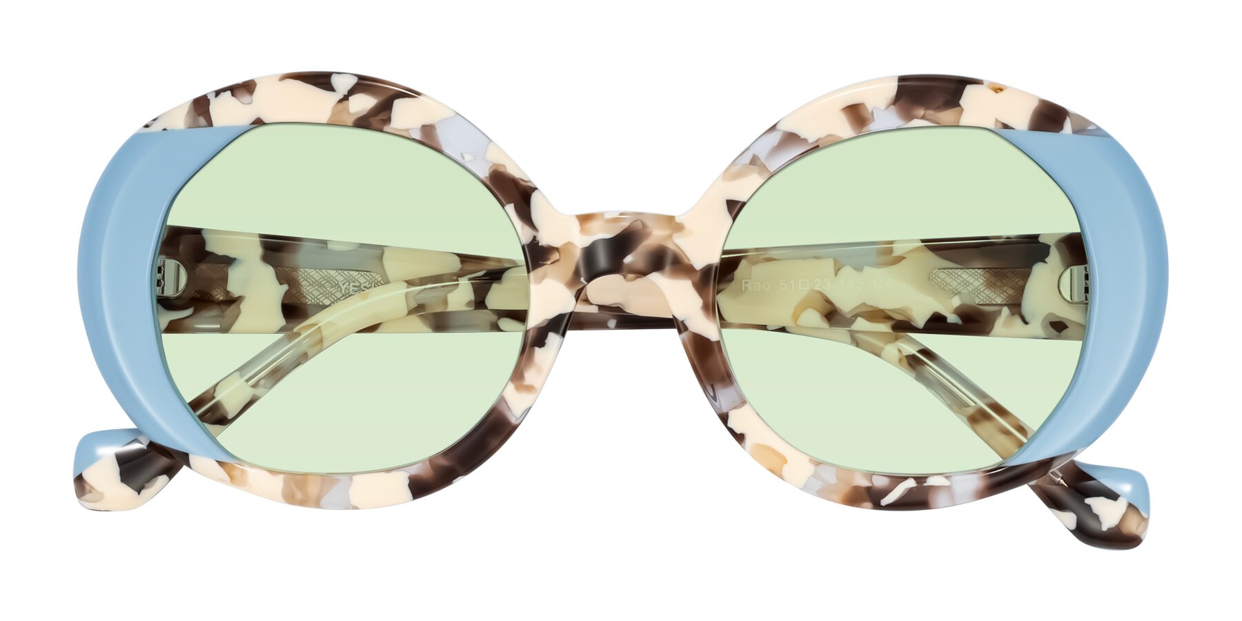 Folded Front of Rao in Beige Tortoise/Blue with Light Green Tinted Lenses