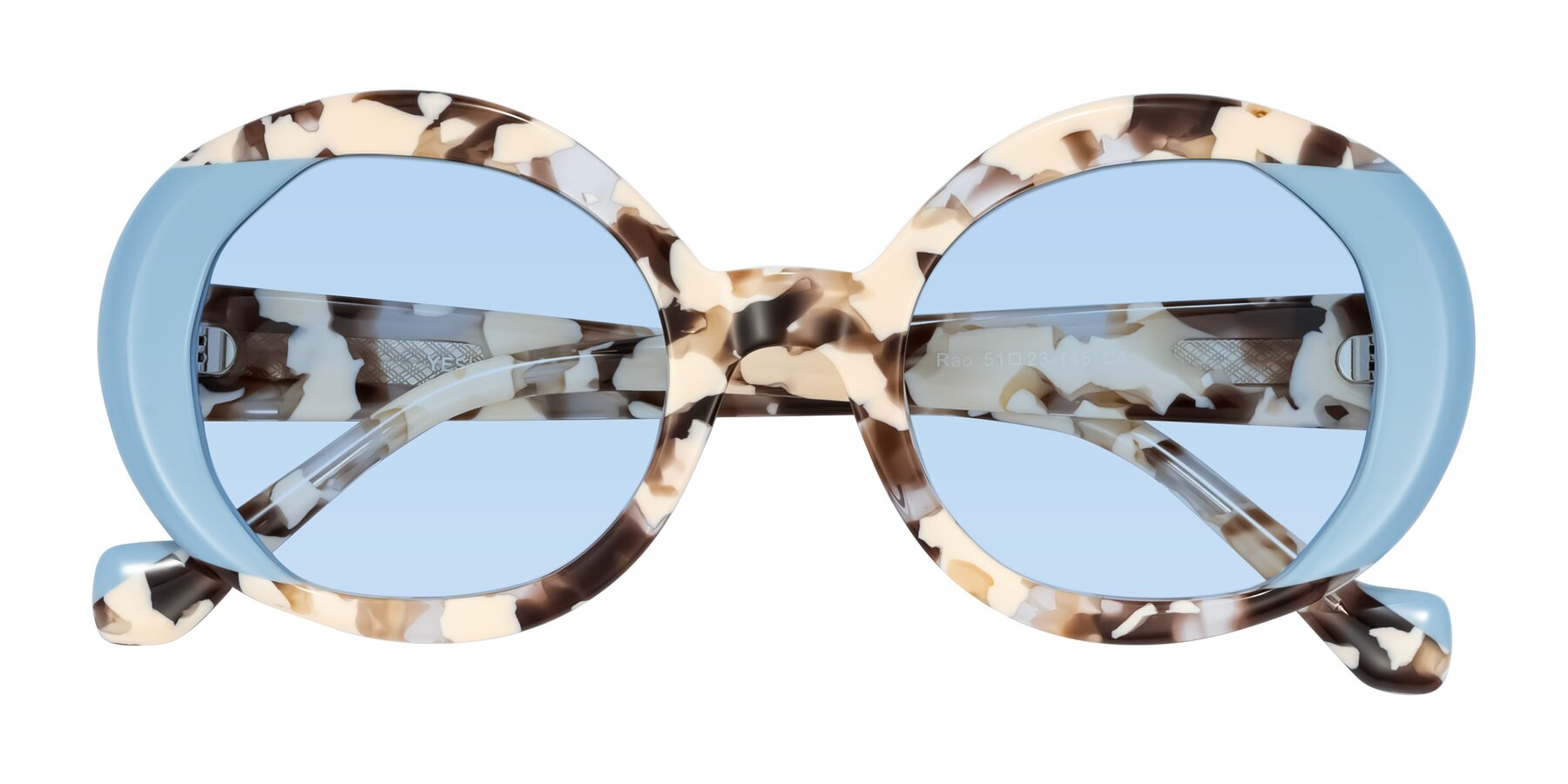 Folded Front of Rao in Beige Tortoise/Blue with Light Blue Tinted Lenses