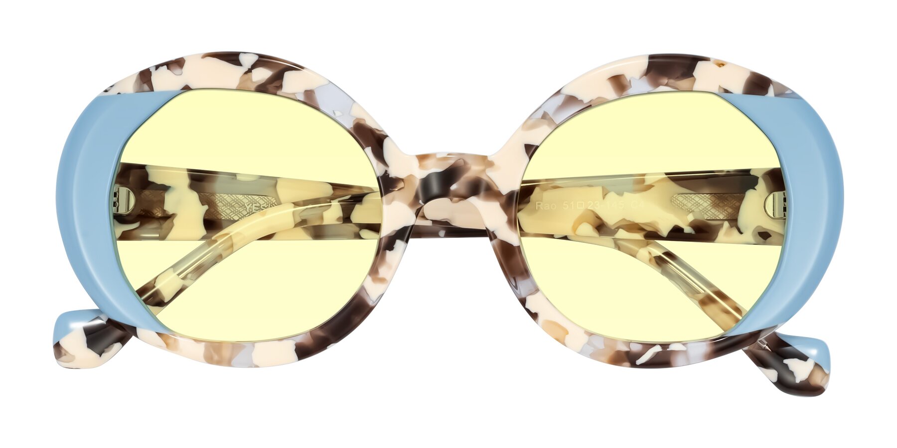 Folded Front of Rao in Beige Tortoise/Blue with Light Yellow Tinted Lenses