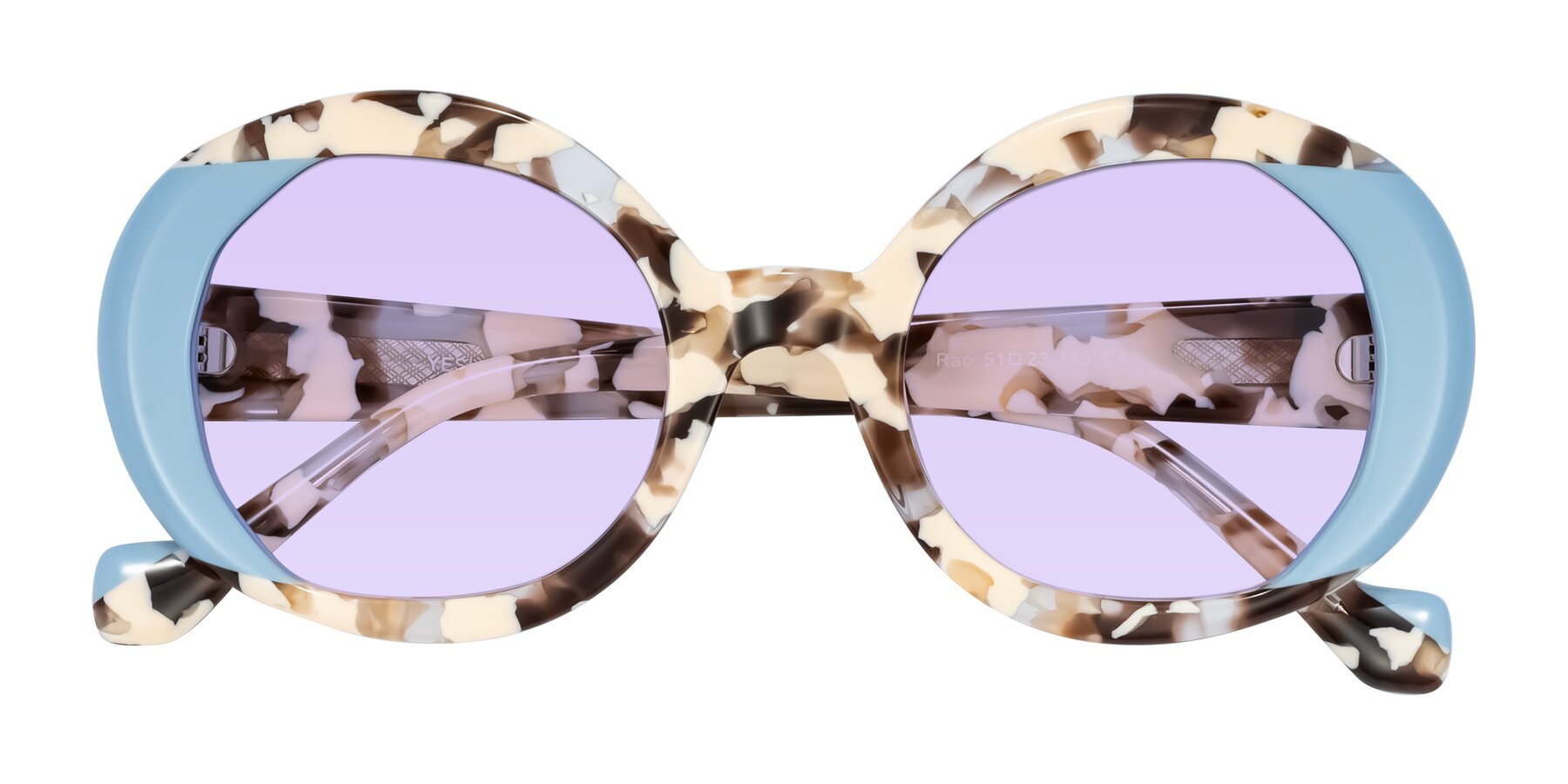 Folded Front of Rao in Beige Tortoise/Blue with Light Purple Tinted Lenses