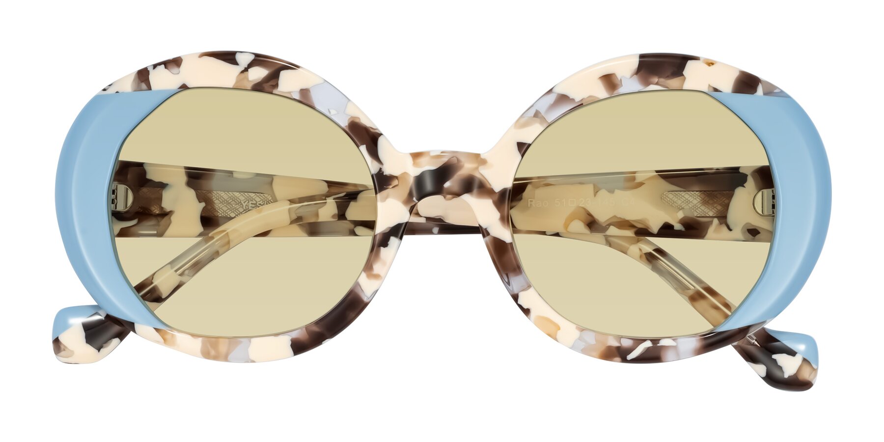 Folded Front of Rao in Beige Tortoise/Blue with Light Champagne Tinted Lenses