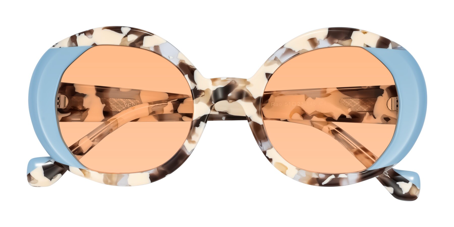 Folded Front of Rao in Beige Tortoise/Blue with Light Orange Tinted Lenses