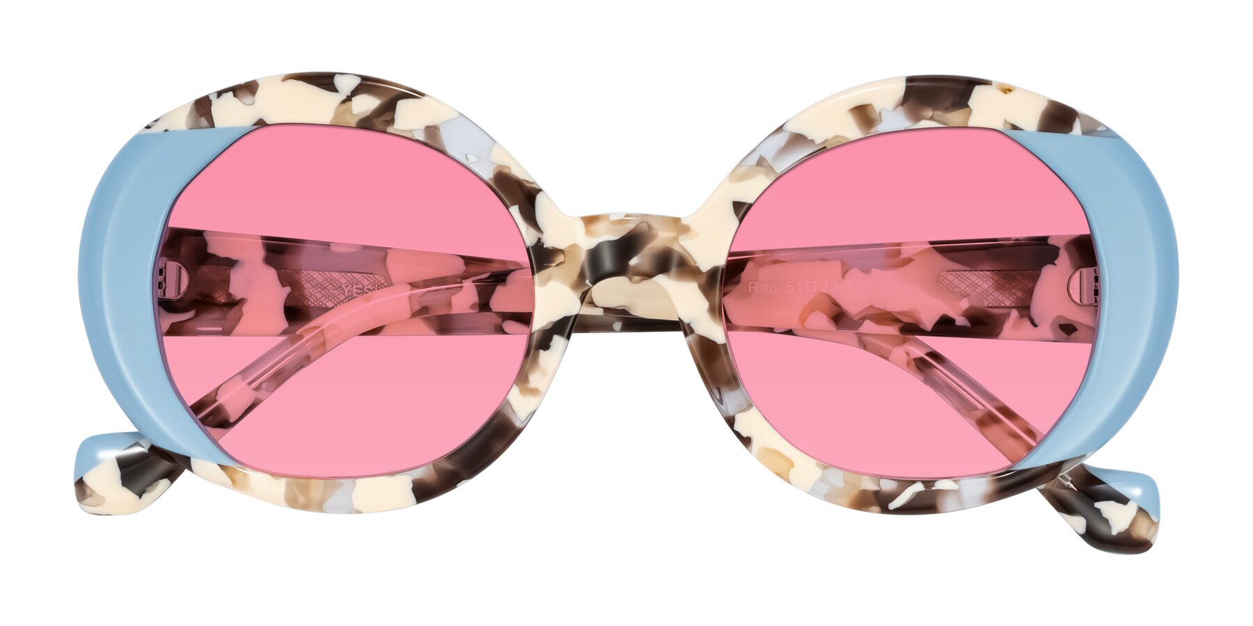 Folded Front of Rao in Beige Tortoise/Blue with Pink Tinted Lenses
