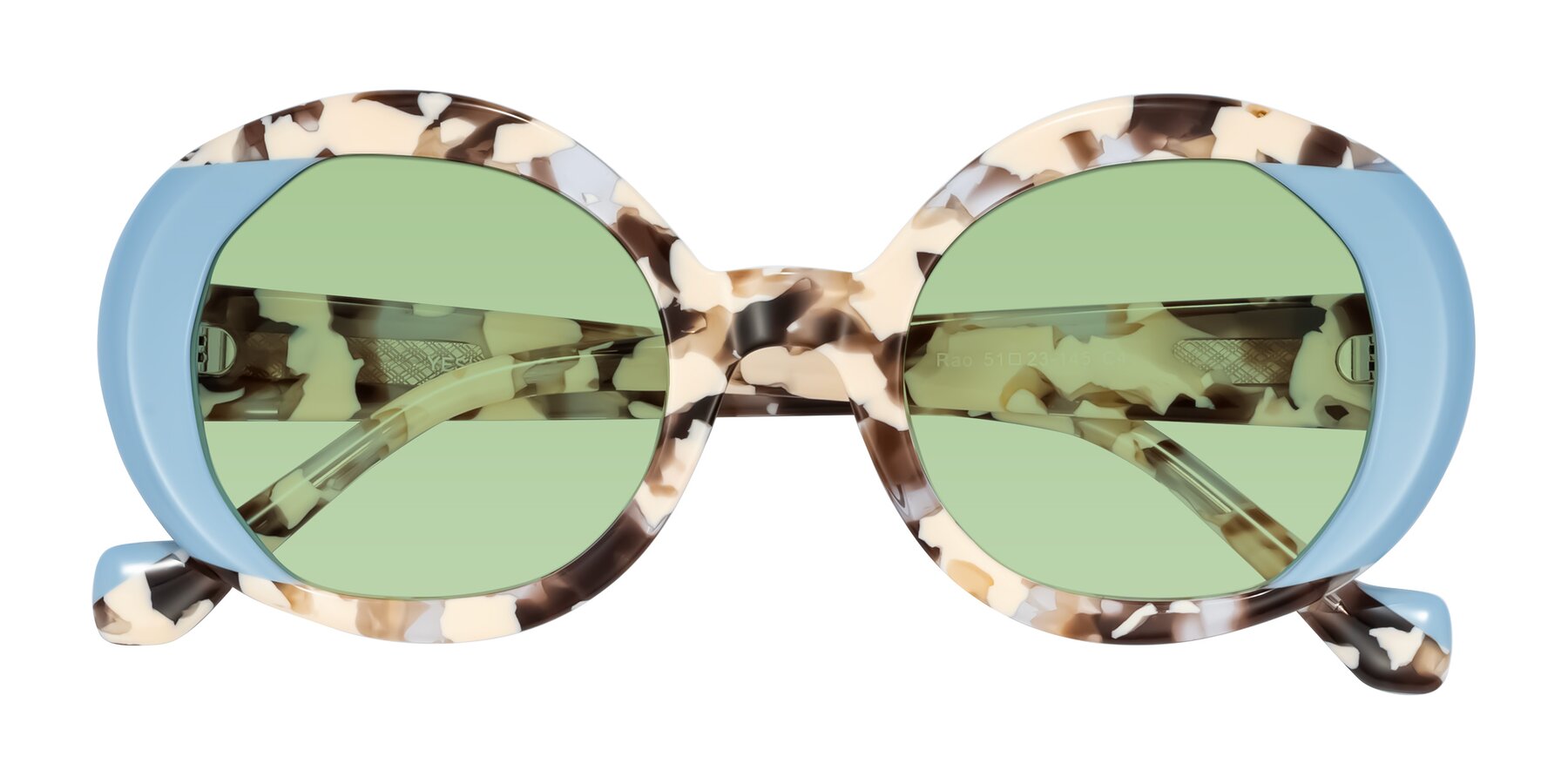 Folded Front of Rao in Beige Tortoise/Blue with Medium Green Tinted Lenses